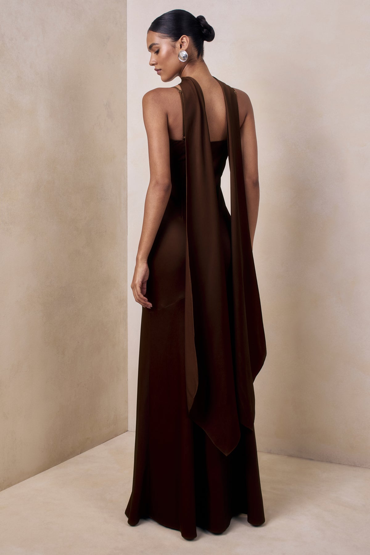 Starling | Brown Matte Satin Plunge-Neck Maxi Dress With Scarf-Detail - UK 8 DARK Brown Starling | Brown Matte Satin Plunge-Neck Maxi Dress With Scarf-Detail - UK 8 DARK Brown