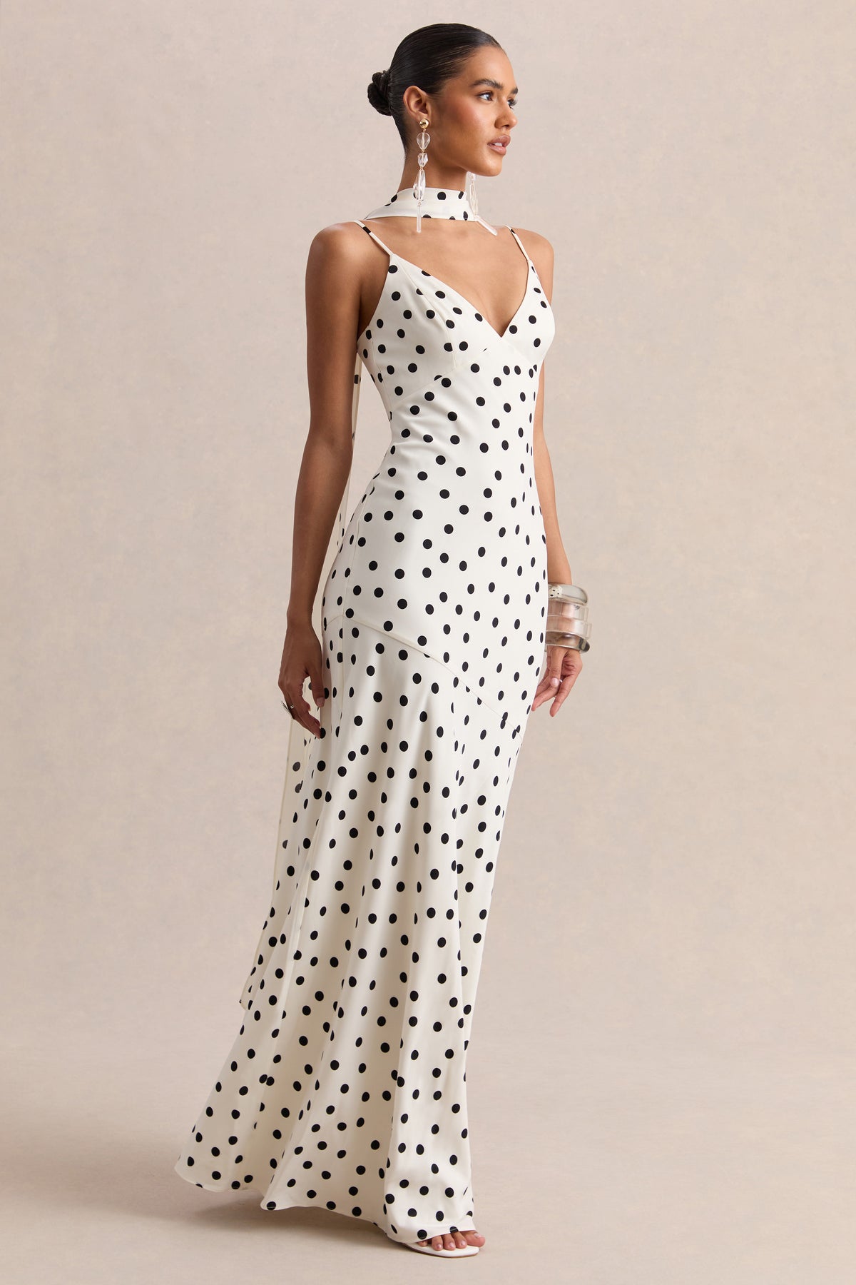 Starling | White & Black Polka Dot Matte Satin Plunge-Neck Maxi Dress With Scarf-Detail Starling | White & Black Polka Dot Matte Satin Plunge-Neck Maxi Dress With Scarf-Detail