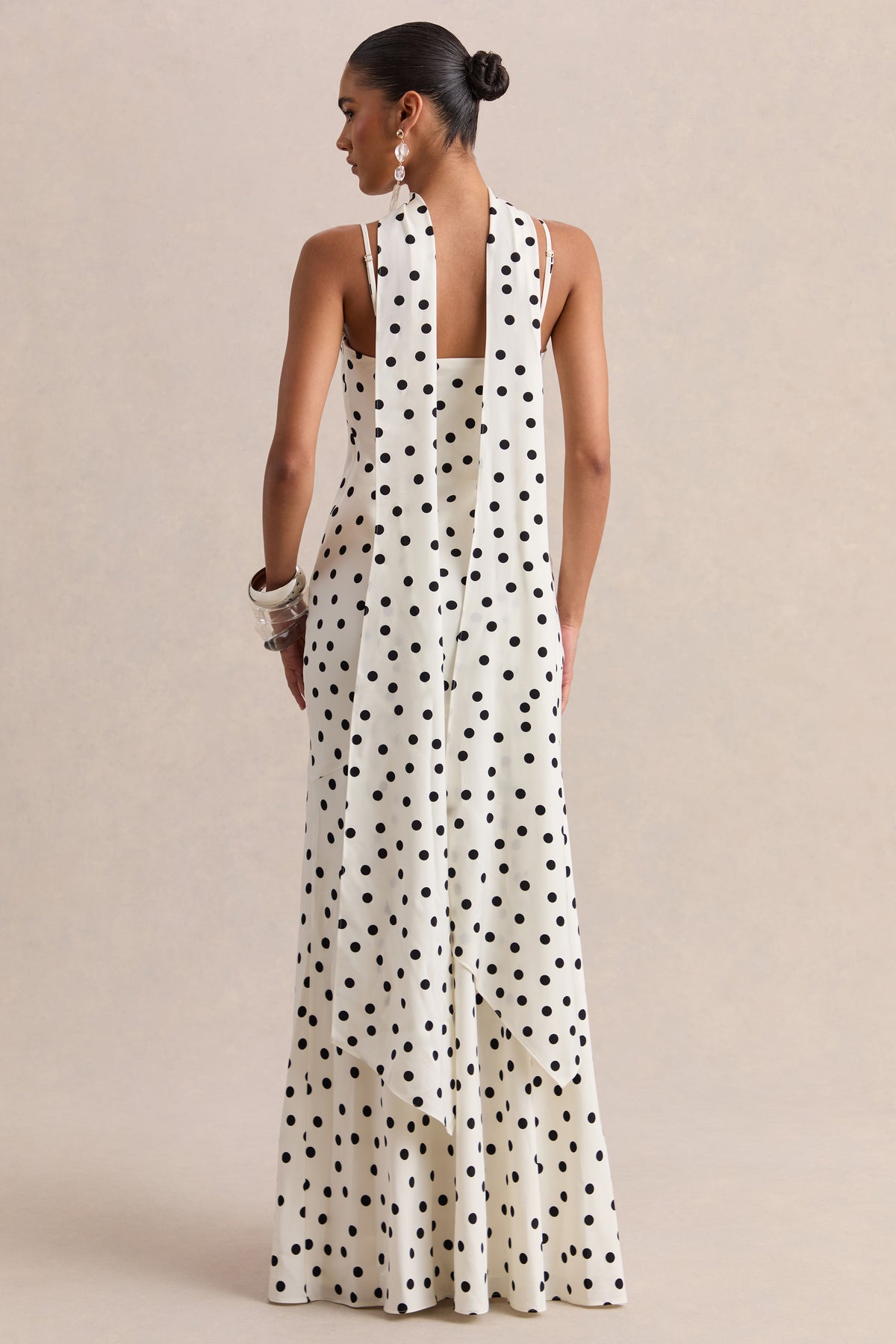 Starling | White & Black Polka Dot Matte Satin Plunge-Neck Maxi Dress With Scarf-Detail Starling | White & Black Polka Dot Matte Satin Plunge-Neck Maxi Dress With Scarf-Detail