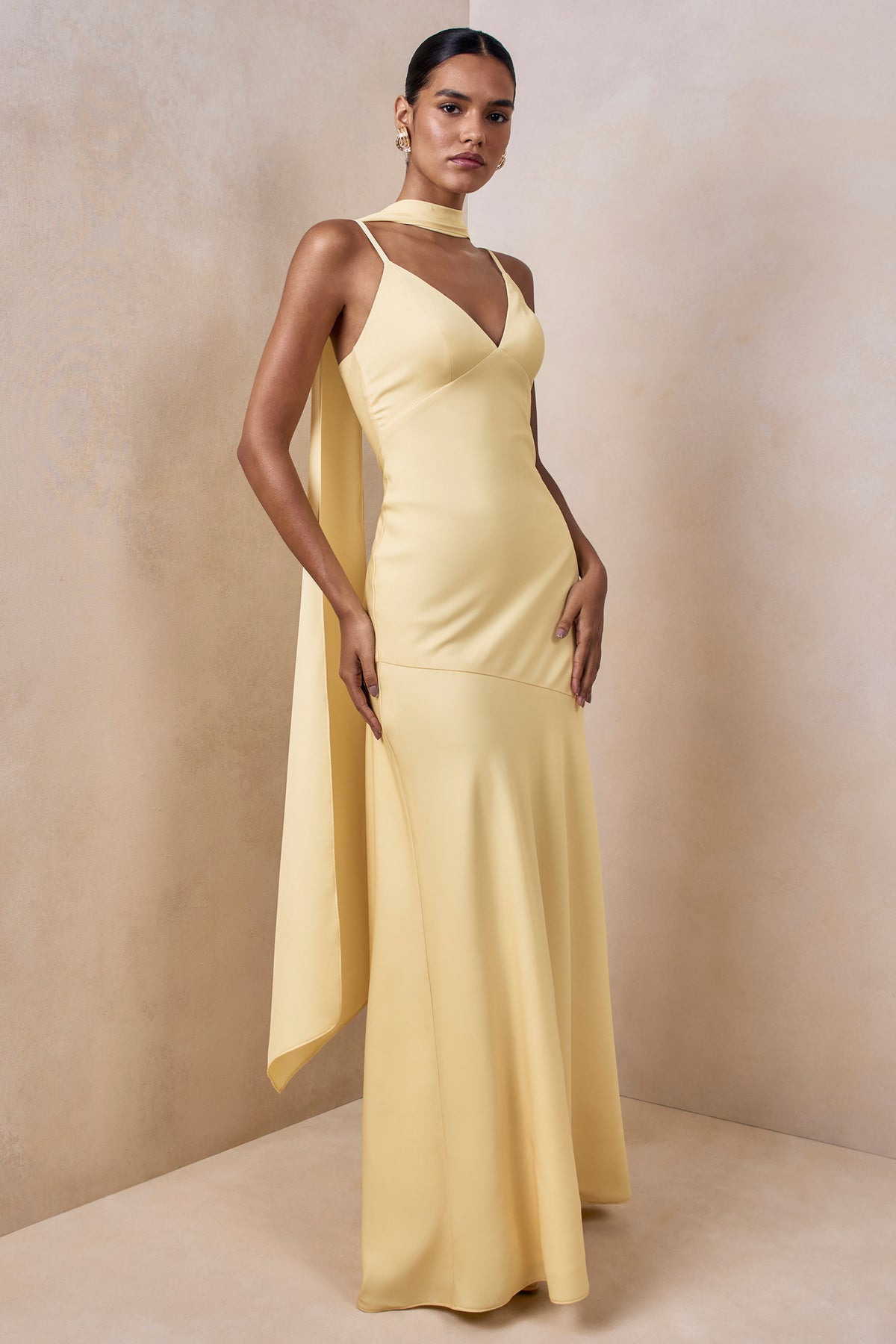 Starling Lemon Matte Satin Plunge-Neck Maxi Dress With Scarf-Detail – Club  L London