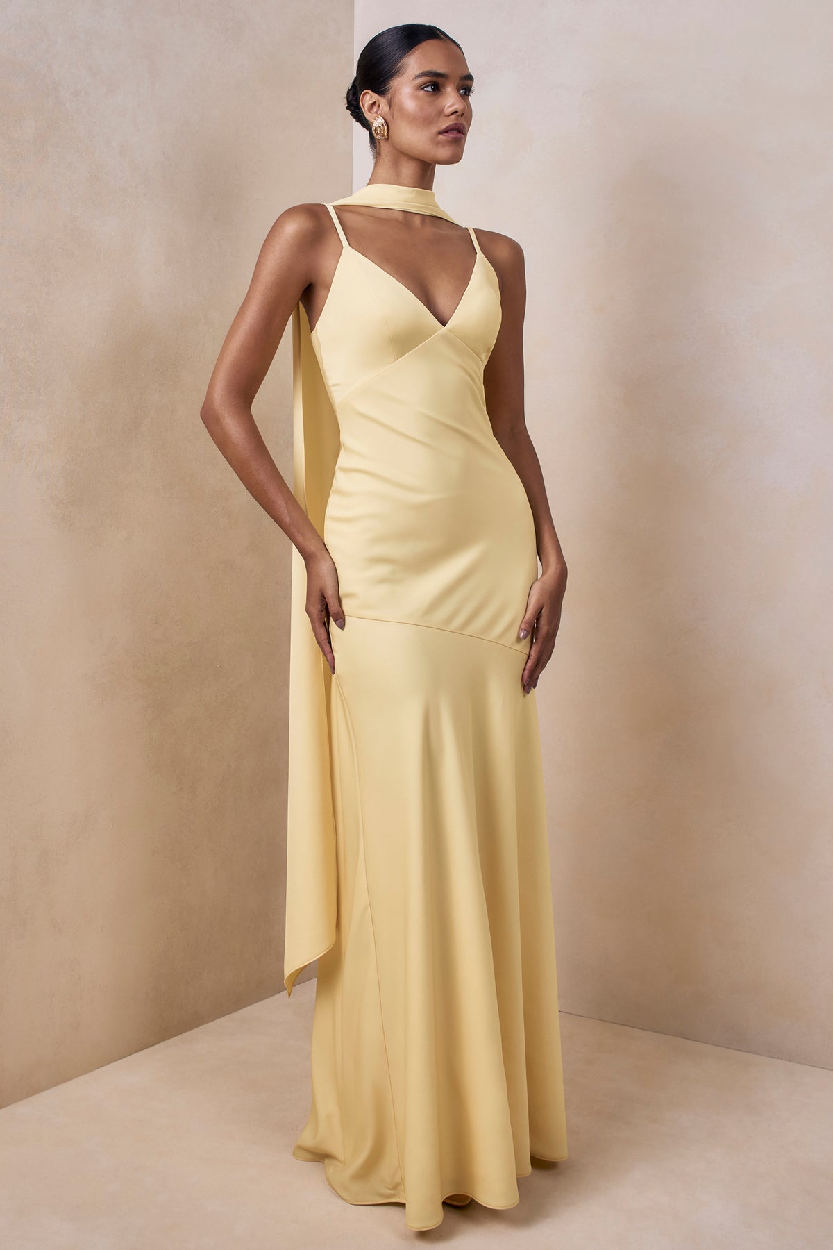 satin dress with scarf Starling | Lemon Matte Satin Plunge-Neck Maxi Dress With Scarf-Detail