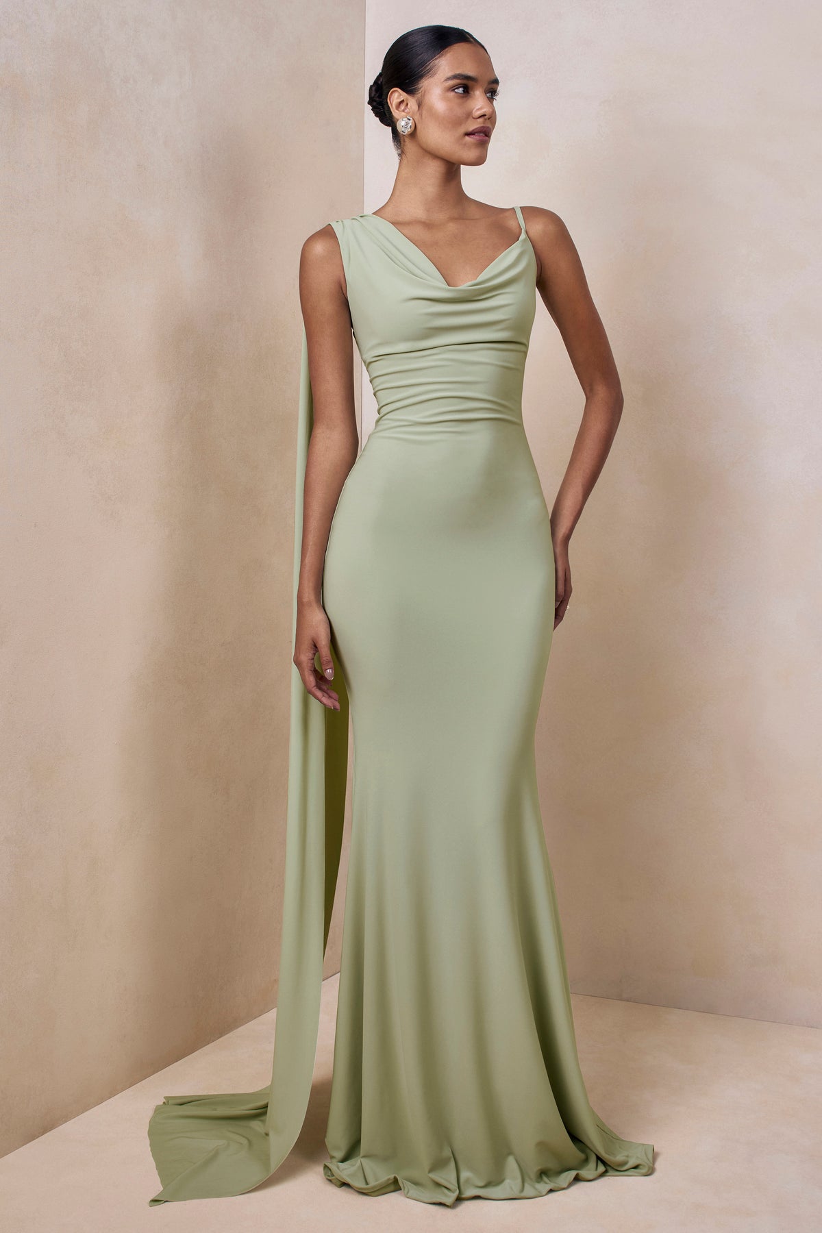 Kenza Mint Asymmetric-Neck Maxi Dress With Scarf-Detail Club L London - USA Kenza Mint Asymmetric-Neck Maxi Dress With Scarf-Detail Club L London - USA