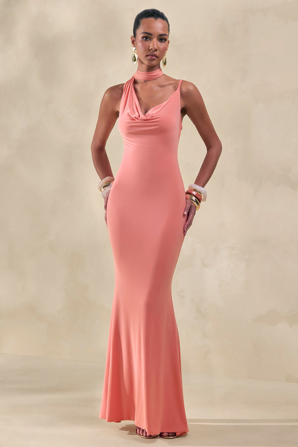 coral maxi bridesmaid dress Kenza Coral Asymmetric-Neck Maxi Dress With Scarf-Detail – Club L London