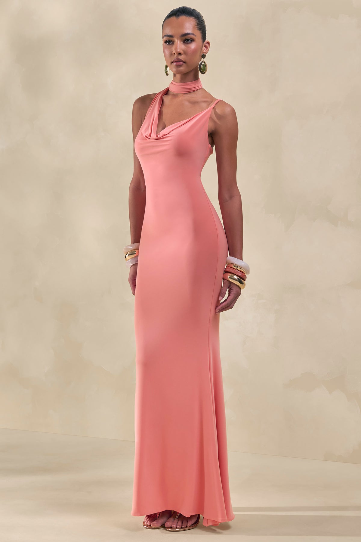 Kenza Coral Asymmetric-Neck Maxi Dress With Scarf-Detail – Club L London