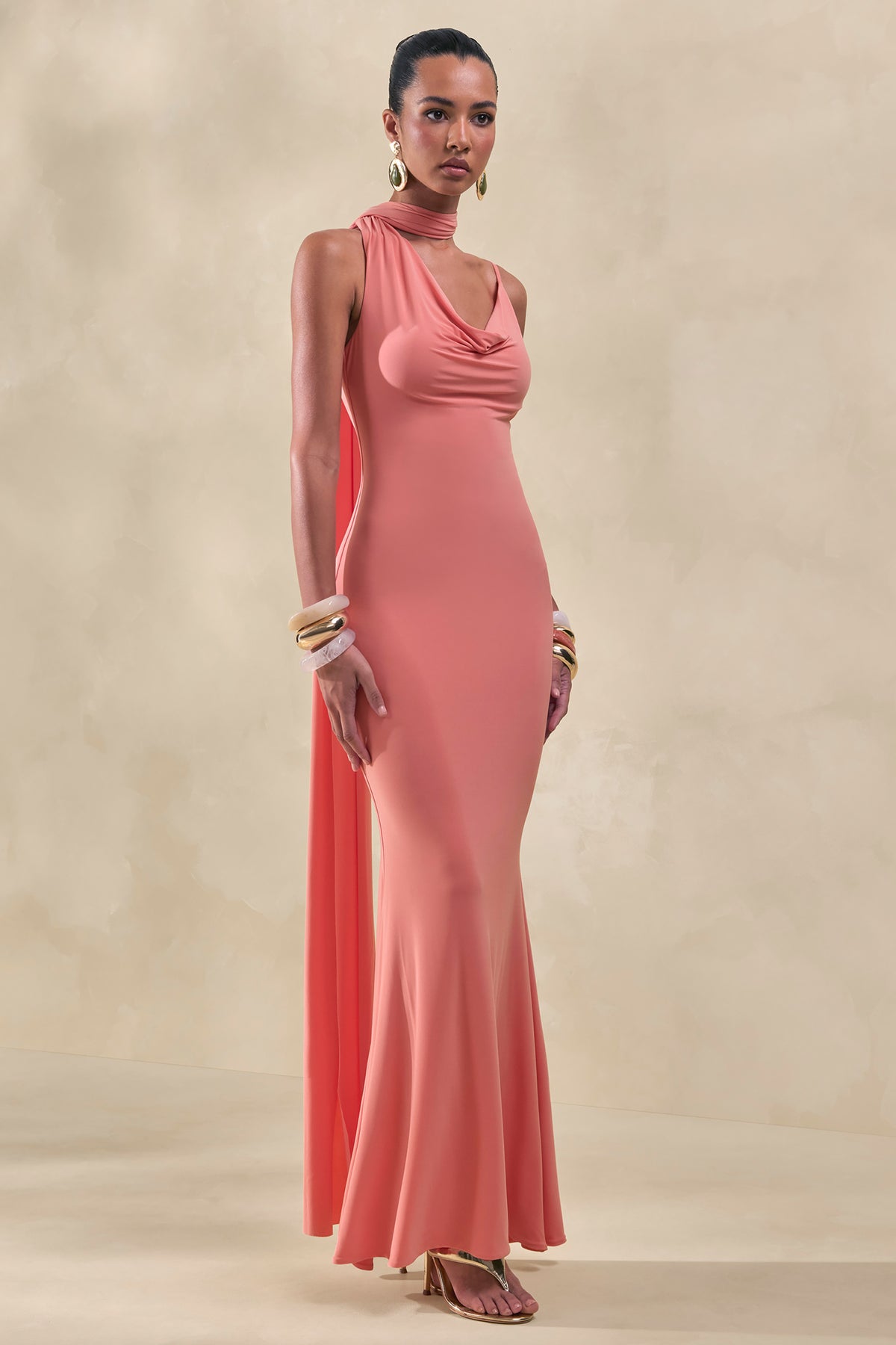 Kenza Coral Asymmetric-Neck Maxi Dress With Scarf-Detail Club L London - USA Kenza Coral Asymmetric-Neck Maxi Dress With Scarf-Detail Club L London - USA