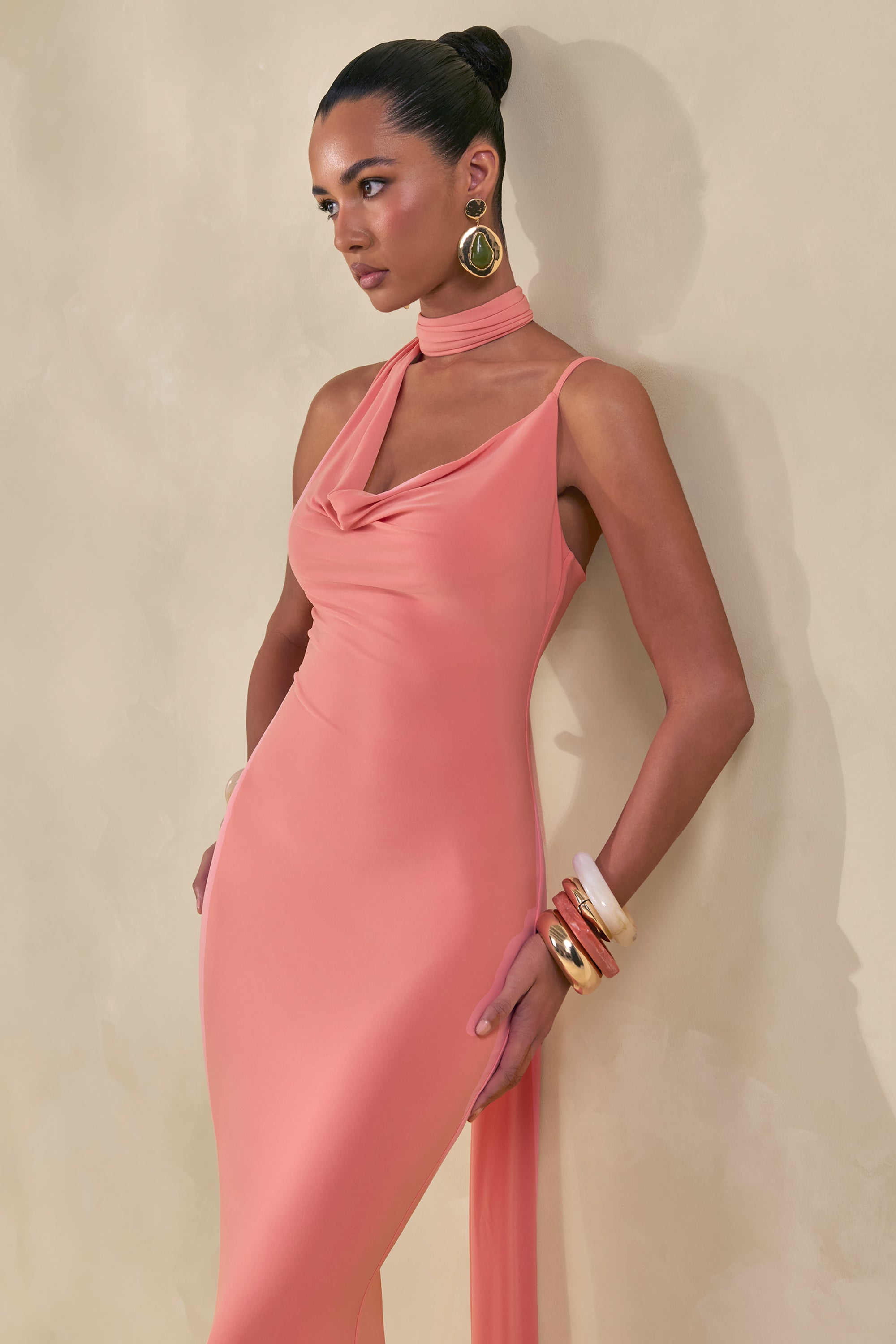 Kenza | Coral Asymmetric-Neck Maxi Dress With Scarf-Detail