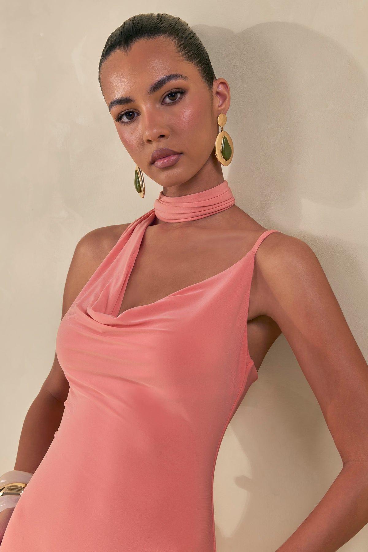 coral silk dress Kenza | Coral Asymmetric-Neck Maxi Dress With Scarf-Detail
