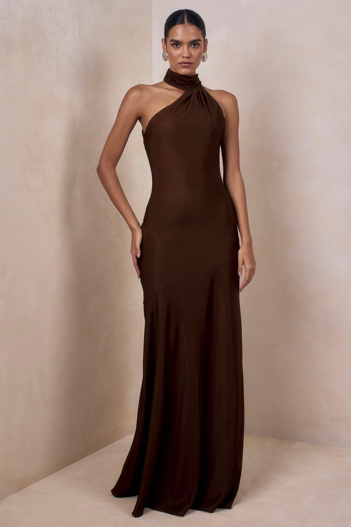 Cara | Brown Matte Satin High-Neck Maxi Dress - UK 8 DARK Brown Cara | Brown Matte Satin High-Neck Maxi Dress - UK 8 DARK Brown