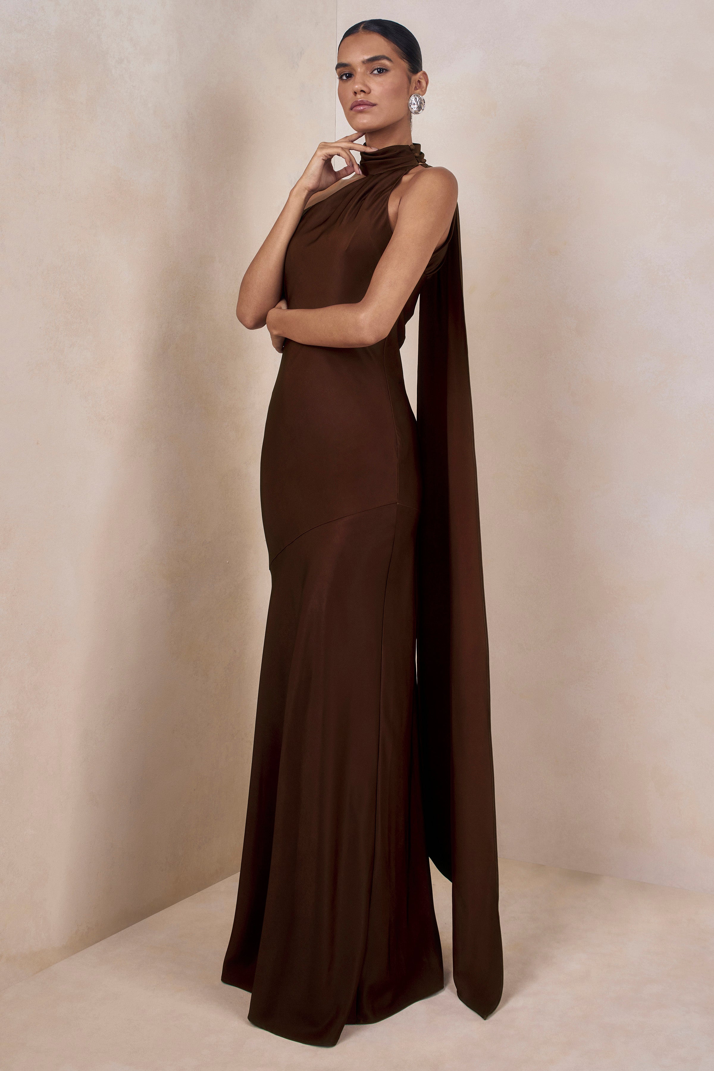 Cara | Brown Matte Satin High-Neck Maxi Dress – Club L London - USA