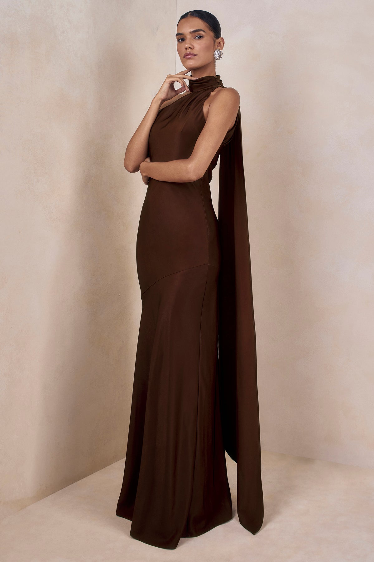 Cara Brown Matte Satin High-Neck Maxi Dress Club L London - USA Cara Brown Matte Satin High-Neck Maxi Dress Club L London - USA