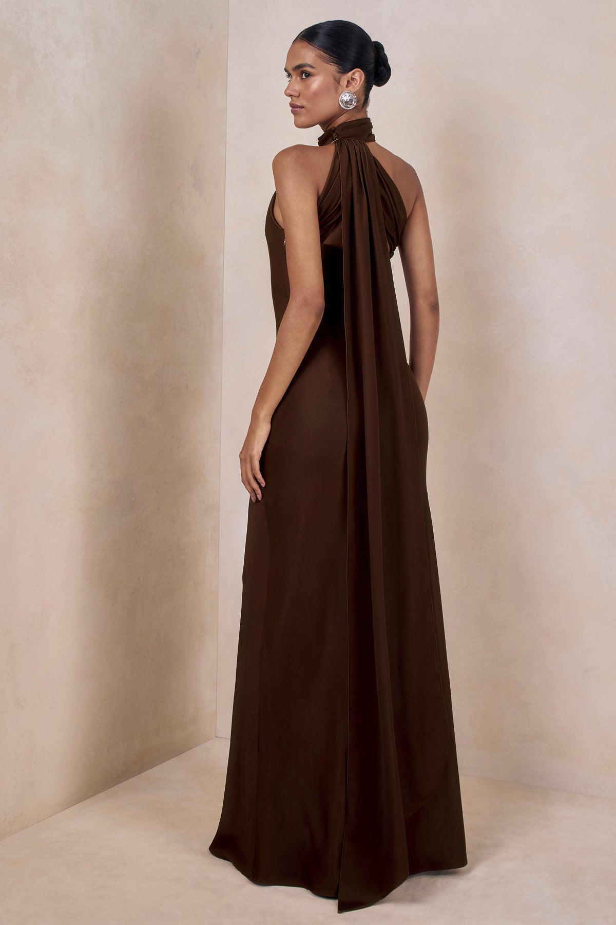 Cara Brown Matte Satin High-Neck Maxi Dress Club L London - USA Cara Brown Matte Satin High-Neck Maxi Dress Club L London - USA