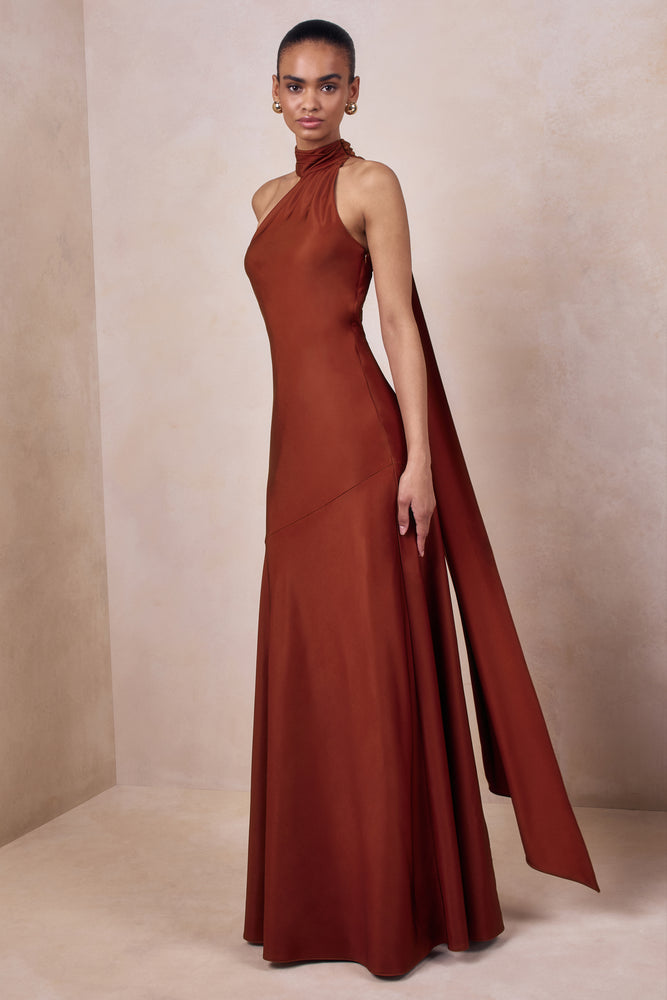 satin rust bridesmaid dresses Cara Rust Matte Satin High-Neck Maxi Dress – Club L London