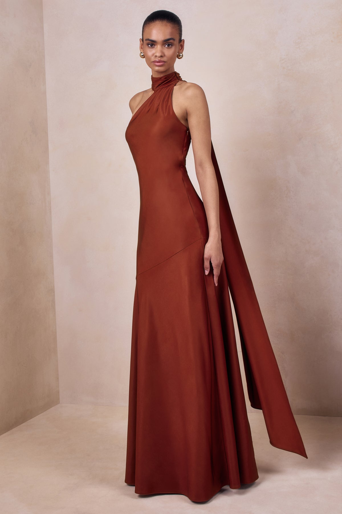 Cara | RUST Matte Satin High-Neck Maxi Dress - UK 10 RUST Cara | RUST Matte Satin High-Neck Maxi Dress - UK 10 RUST
