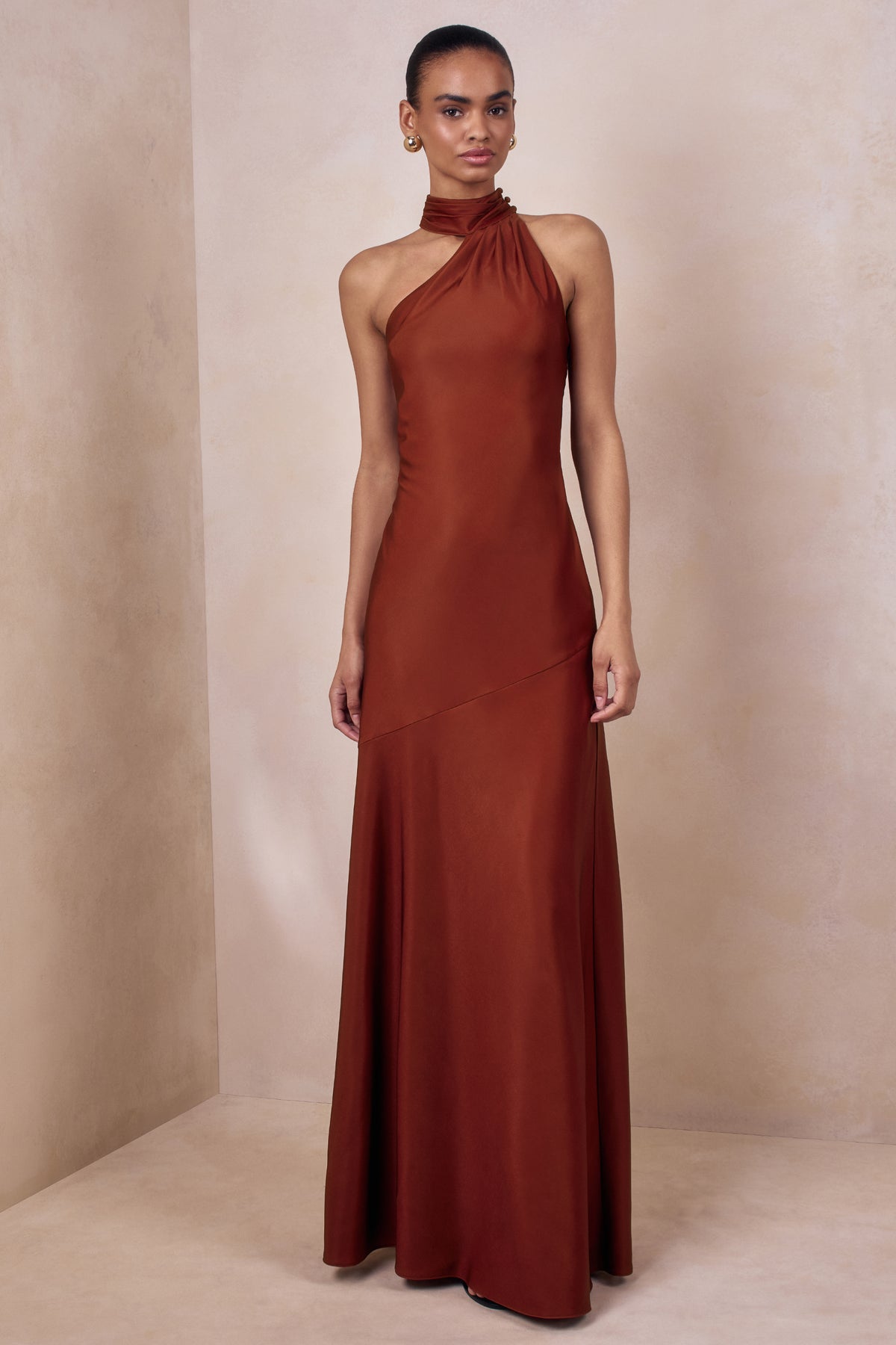 Cara | RUST Matte Satin High-Neck Maxi Dress Cara | RUST Matte Satin High-Neck Maxi Dress