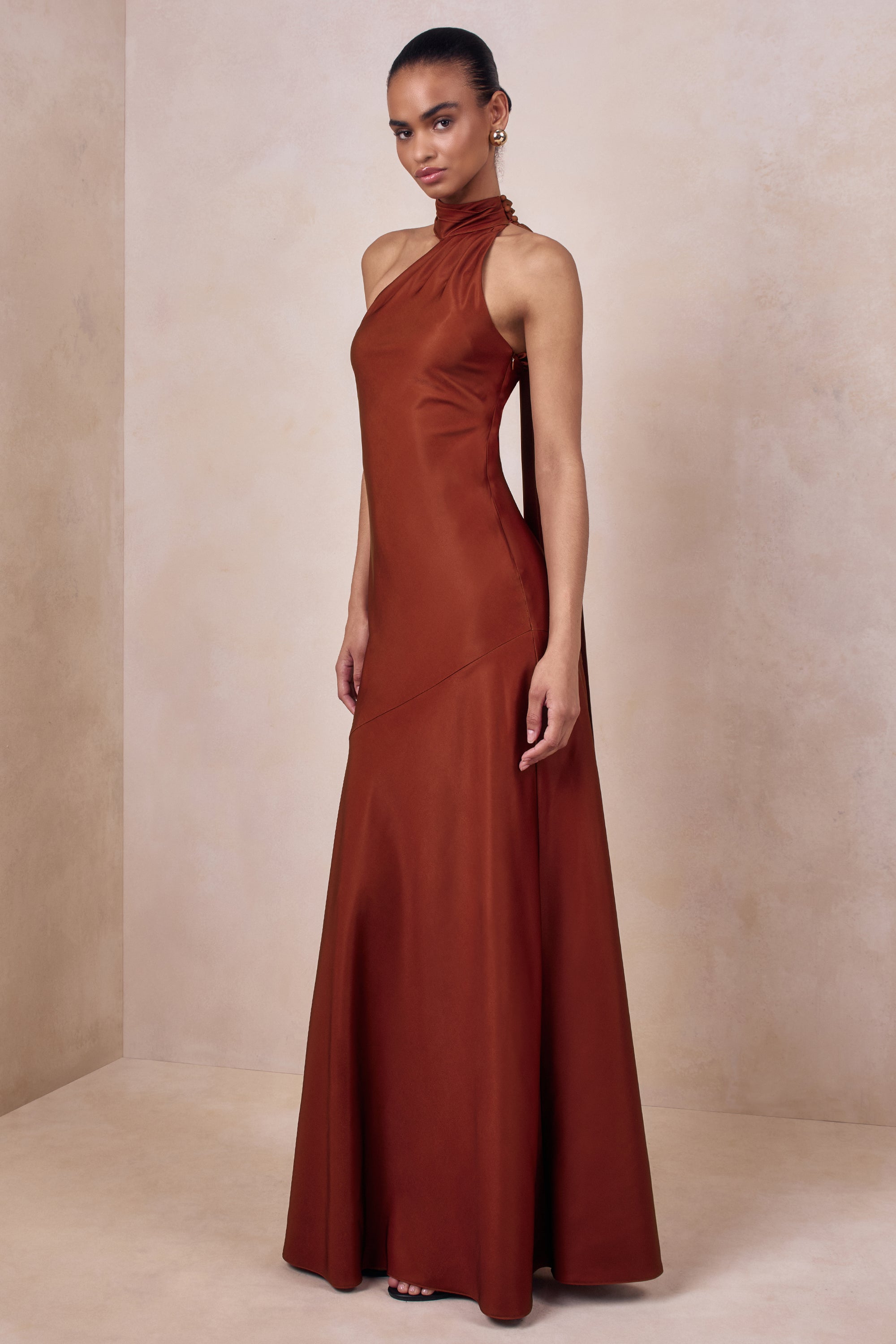 satin high neck maxi dress Women's Plum Satin High Neck Cut Out Maxi Dress
