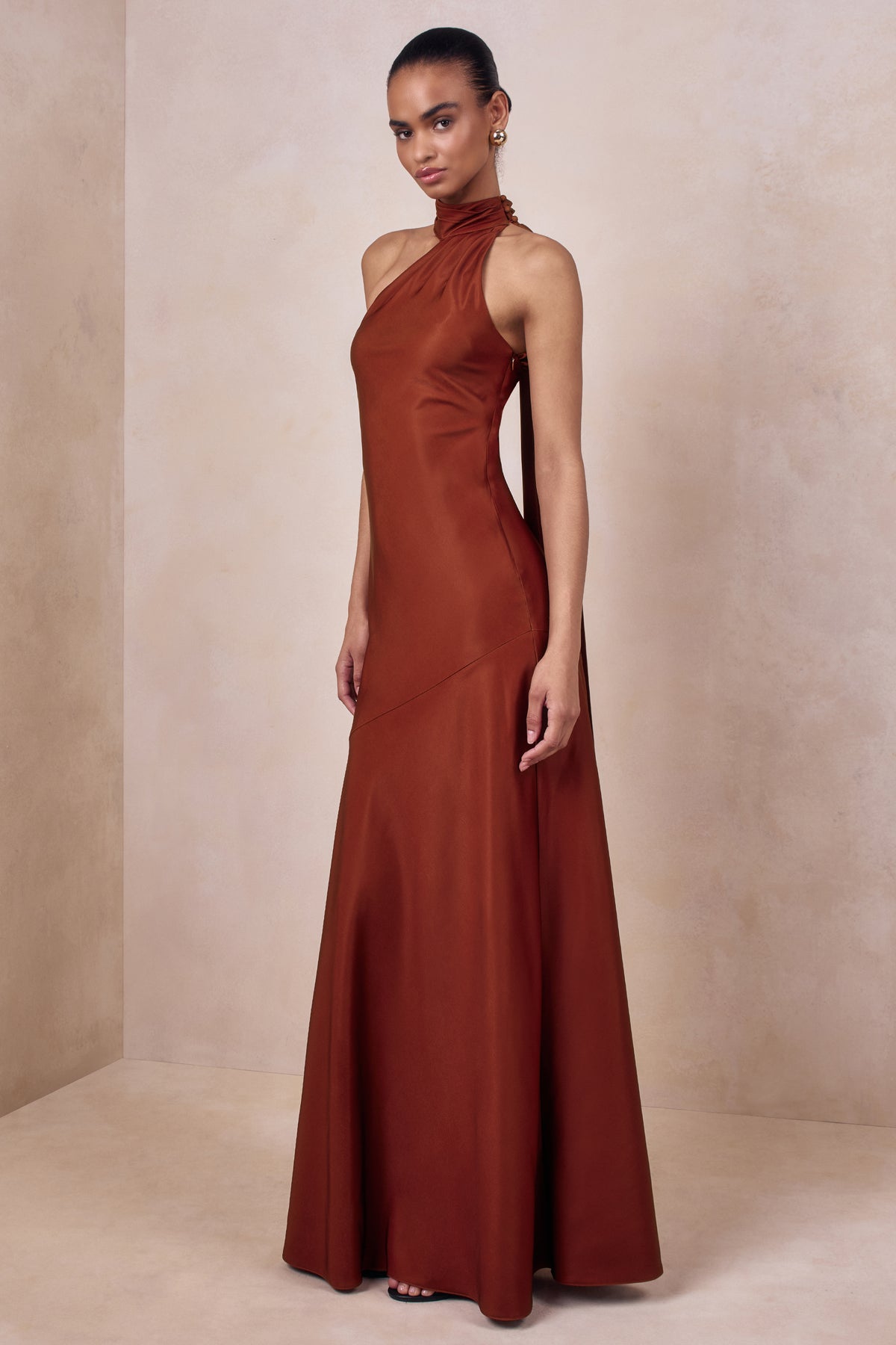 Cara | RUST Matte Satin High-Neck Maxi Dress - UK 12 RUST Cara | RUST Matte Satin High-Neck Maxi Dress - UK 12 RUST