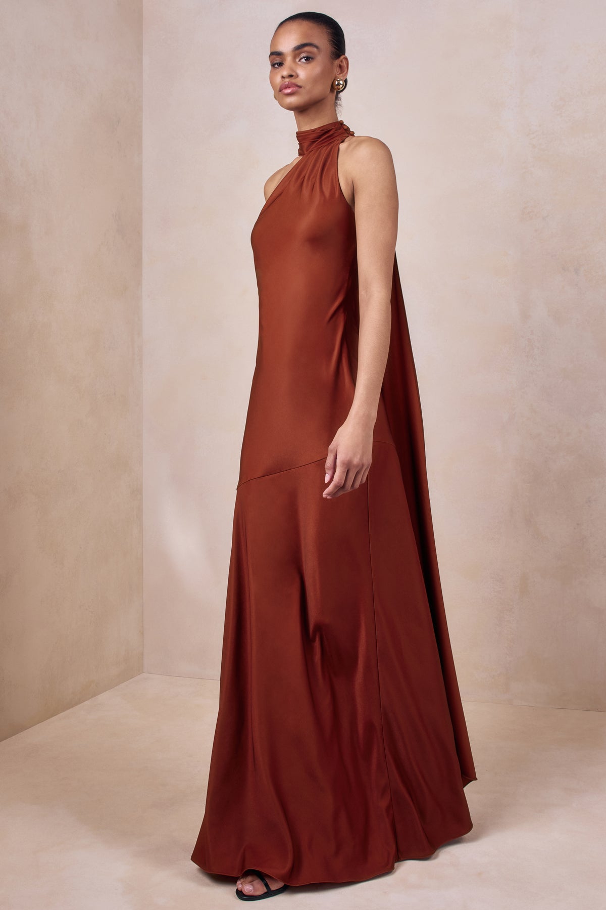 Cara Rust Matte Satin High-Neck Maxi Dress Club L London - USA Cara Rust Matte Satin High-Neck Maxi Dress Club L London - USA