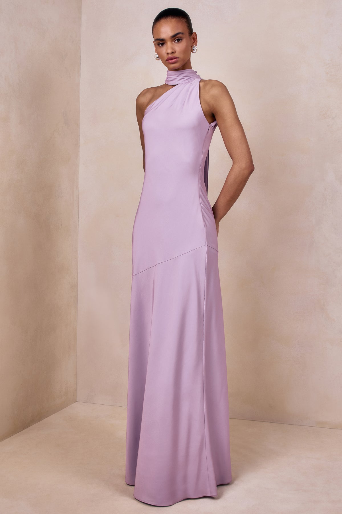 Cara Lilac Matte Satin High-Neck Maxi Dress Club L London - USA Cara Lilac Matte Satin High-Neck Maxi Dress Club L London - USA