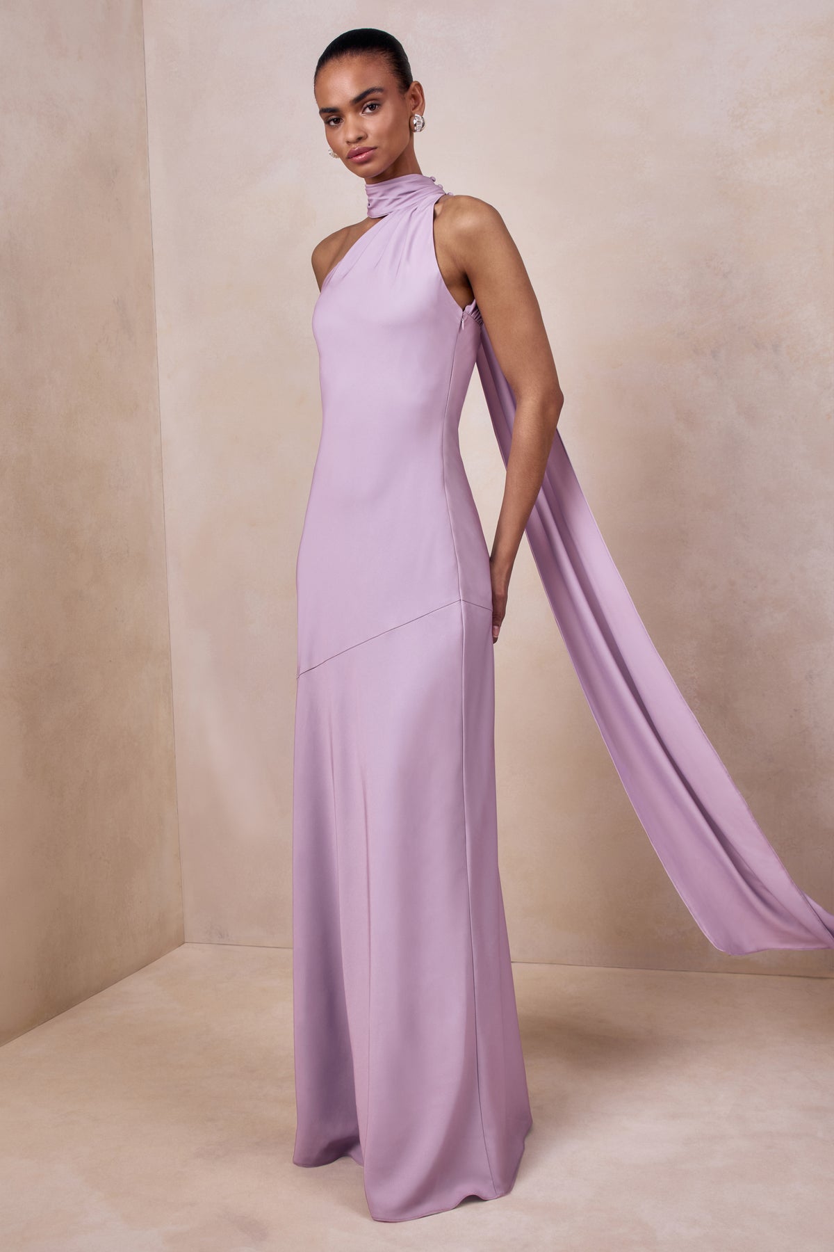 Cara Lilac Matte Satin High-Neck Maxi Dress Club L London - USA Cara Lilac Matte Satin High-Neck Maxi Dress Club L London - USA