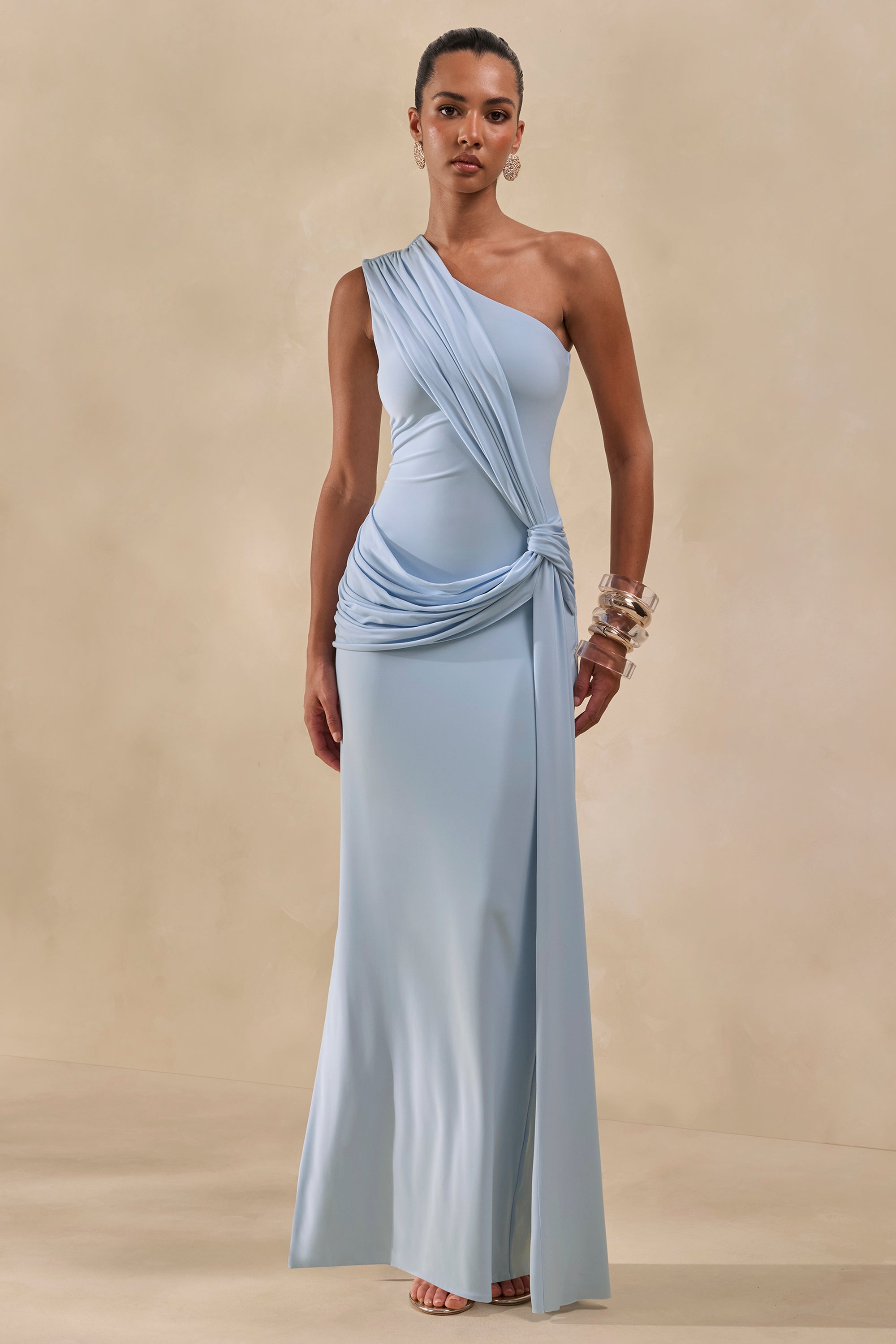 Lunoria | Powder BLUE Asymmetric-Neck Maxi Dress With Gathered-Detailing