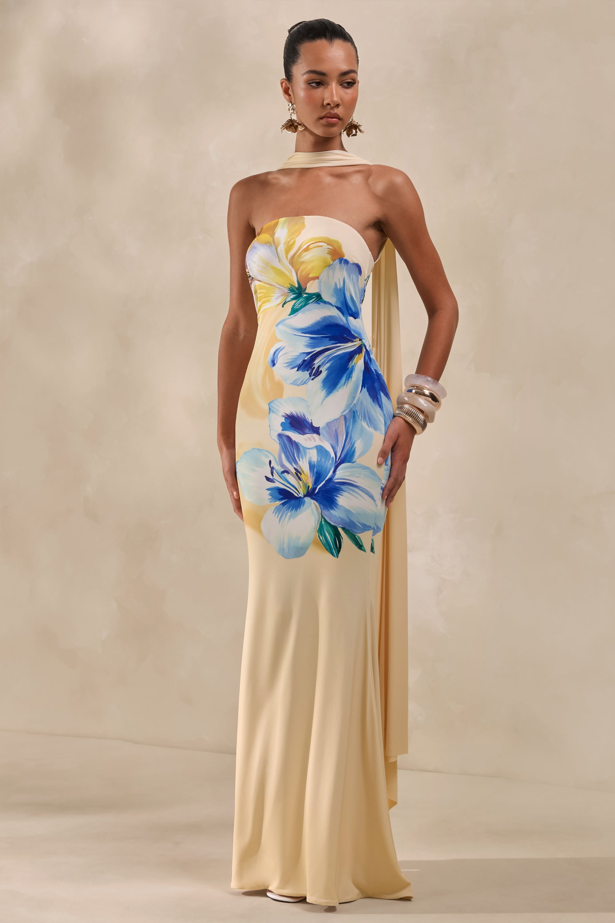 blue floral dress with scarf Brooke | Lemon And Blue Floral Print Bandeau Maxi Dress With Scarf