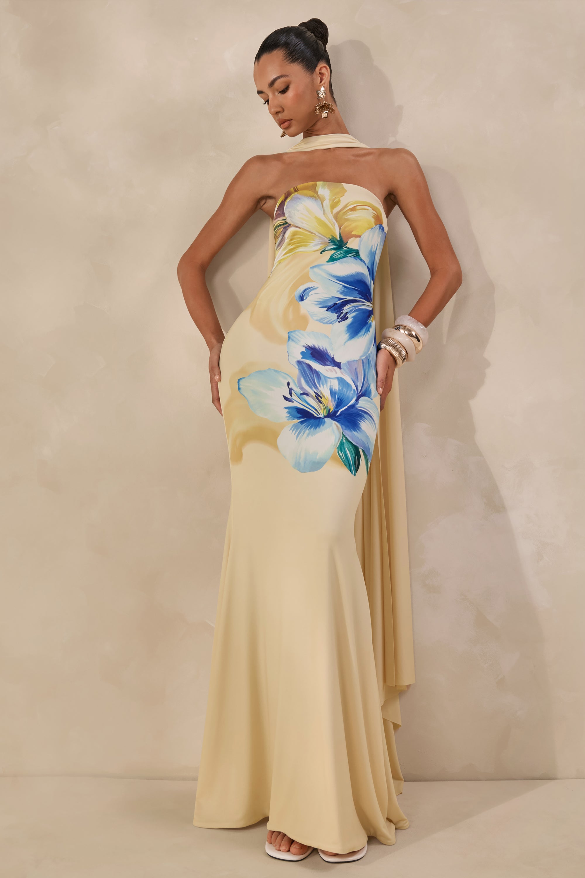 lemon and blue dress Women's Blue/lemons Open-Shoulder Dress with Tie Belt