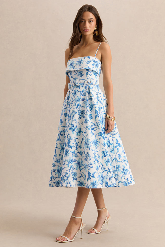 belted midi dress Devina | BLUE Porcelain Print Square-Neck Belted Midi-Dress