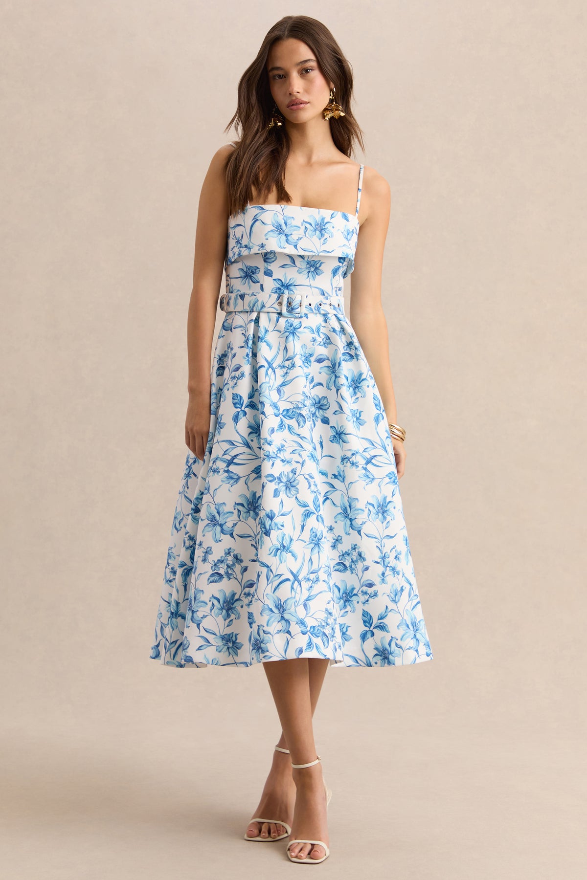 Devina | BLUE Porcelain Print Square-Neck Belted Midi-Dress - UK 16 BLUE AND White Devina | BLUE Porcelain Print Square-Neck Belted Midi-Dress - UK 16 BLUE AND White