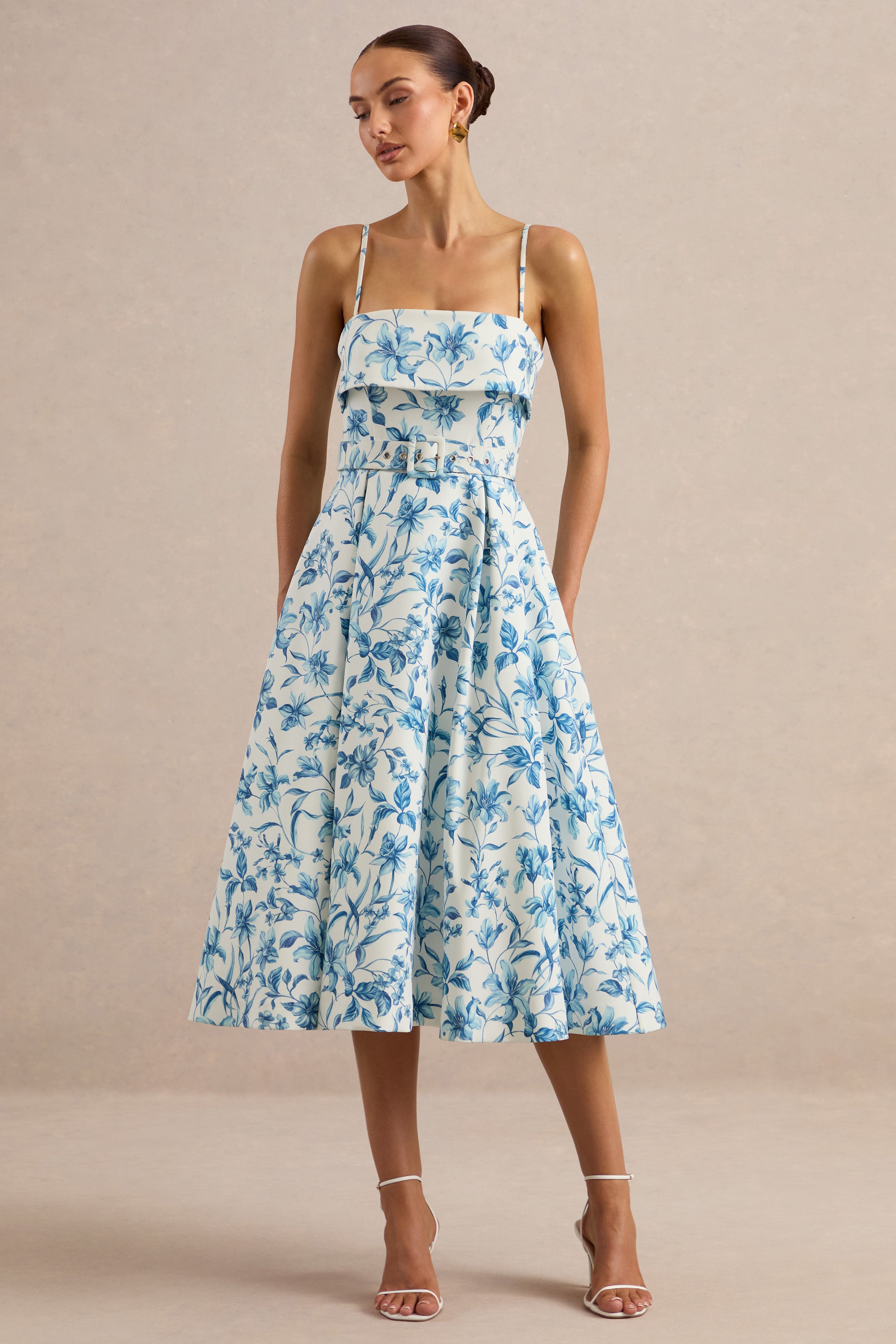 Devina | Blue Porcelain Print Square-Neck Belted Midi-Dress – Club