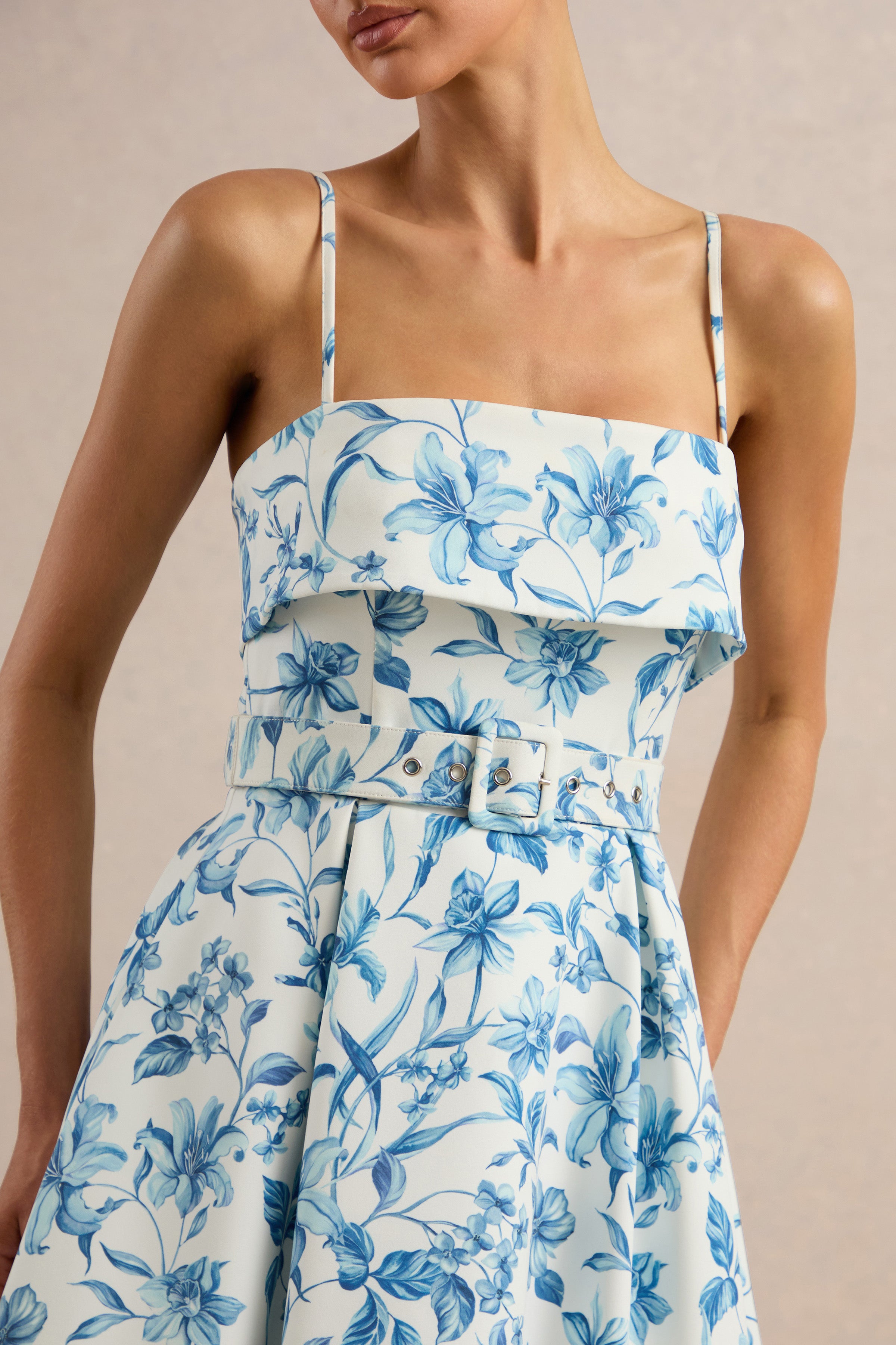 Devina | Blue Porcelain Print Square-Neck Belted Midi-Dress – Club