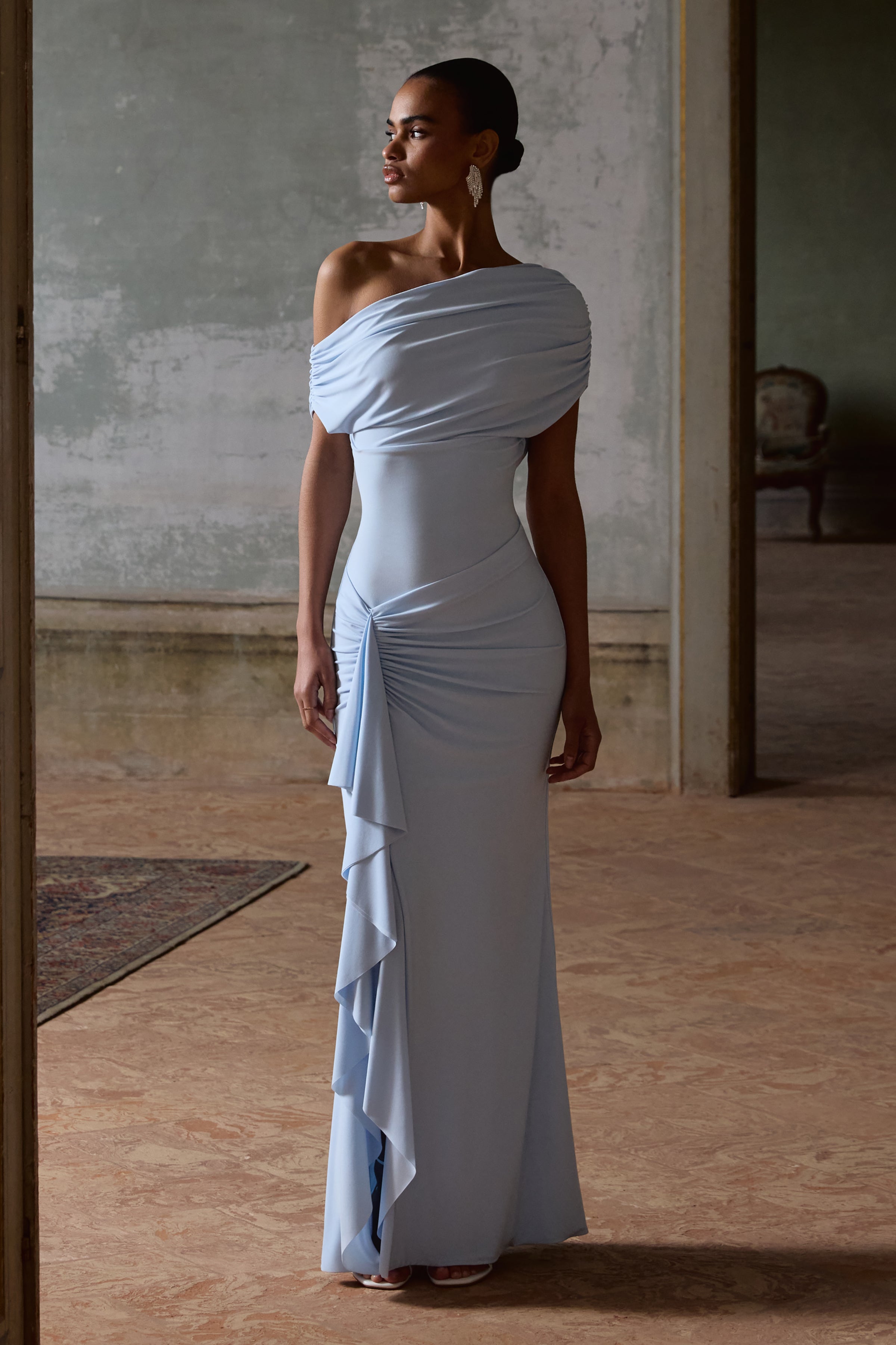 Siora | Powder Blue Asymmetric-Neck Maxi Dress With Draped