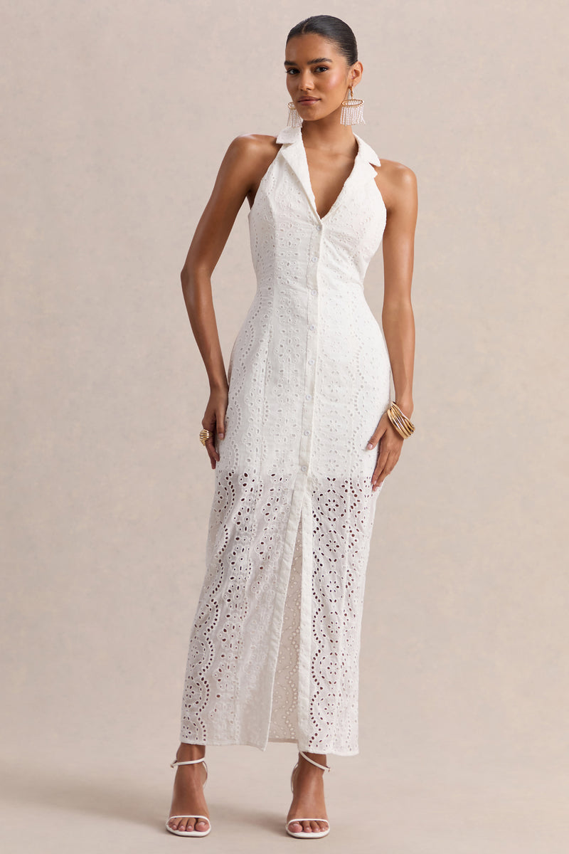 white lace plunge peplum frill midi dress US 10 / WHITE