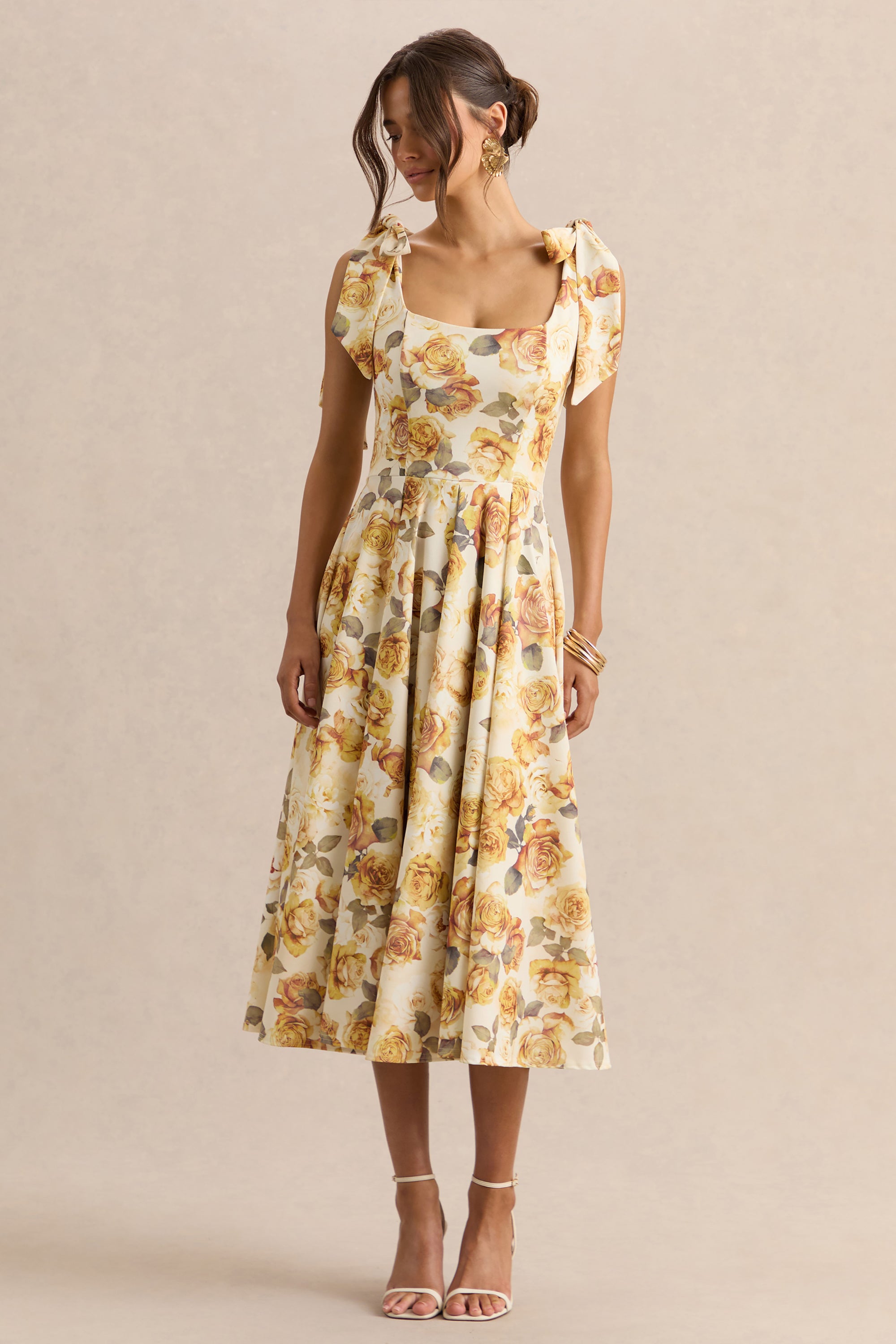 square neck midi dress with sleeves White Jacquard Dress, Elegant Dress, Long Sleeve, Textured Cotton Dress, Classic White Dress, Timeless Elegance Not lined Material composition Mena | Lemon Rose Print