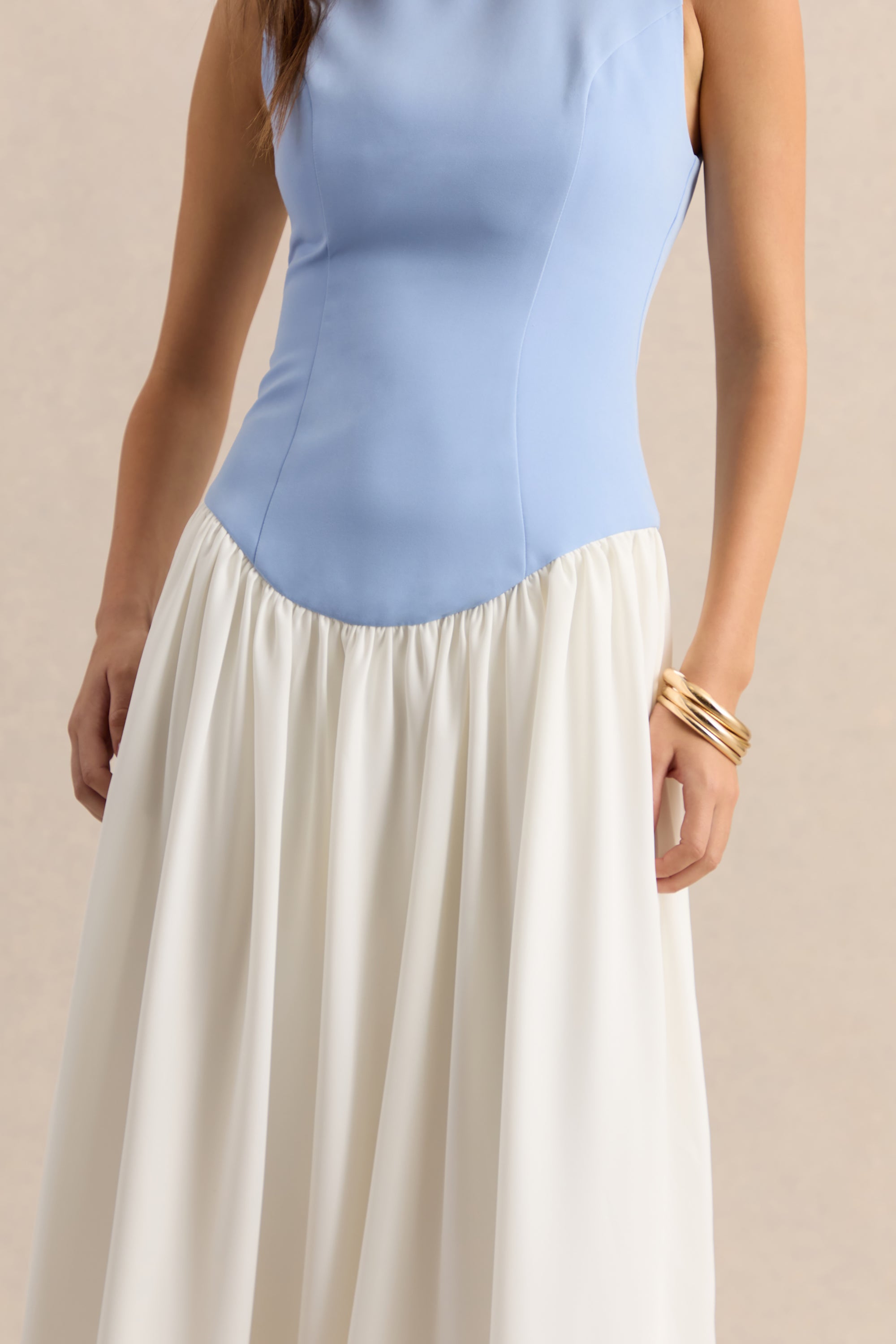 blue and white pleated dress Porcelain Wave Pleated Midi Dress L