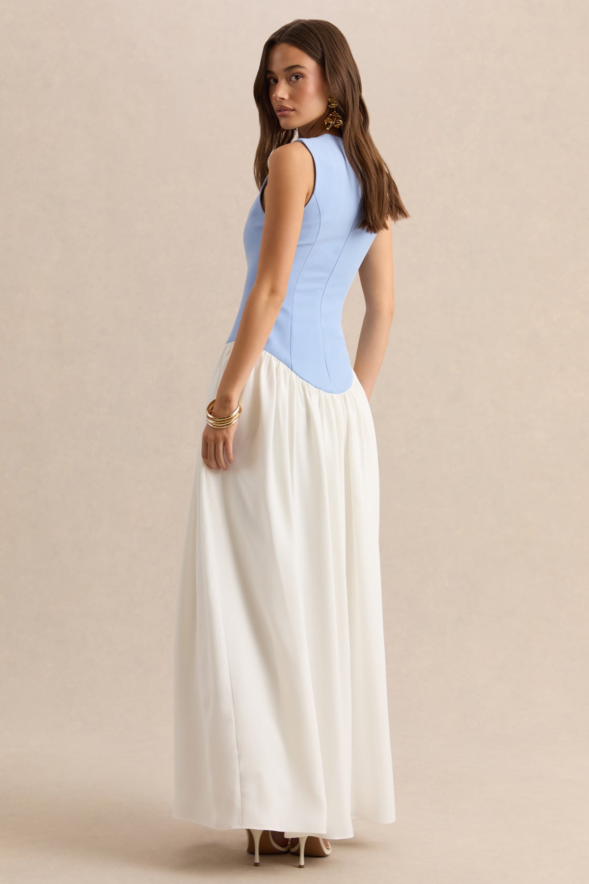 light blue and white maxi dress Iliana | Powder BLUE And White Crew-Neck Maxi Dress With Drop-Waist And Pleated Skirt