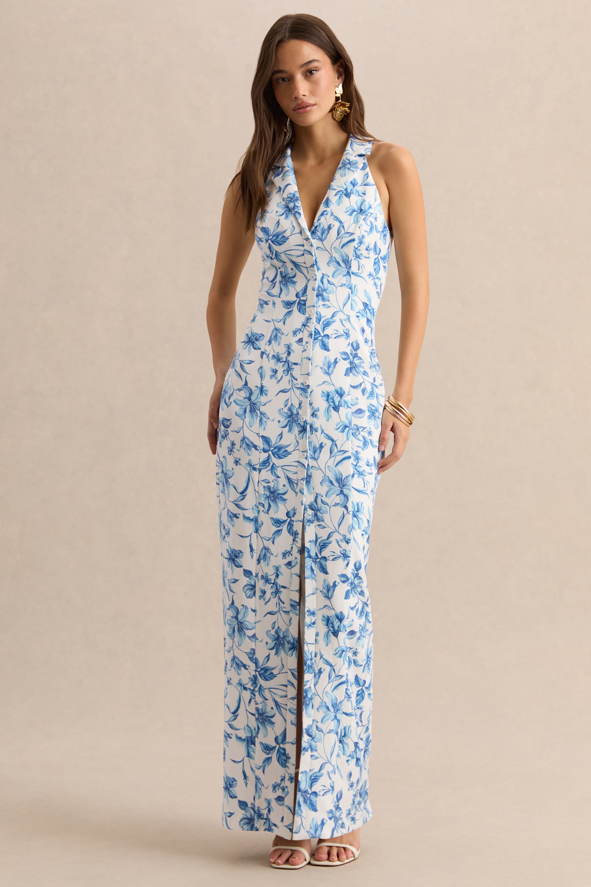 blue porcelain print dress Myssara | BLUE Porcelain-Print High-Neck Maxi Dress Gathered-Detailing