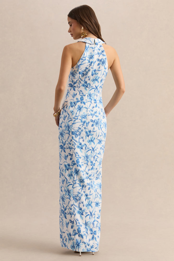 Quinn Blue Porcelain Print Plunge-Neck Tailored Maxi Dress Club L London - USA Quinn Blue Porcelain Print Plunge-Neck Tailored Maxi Dress Club L London - USA