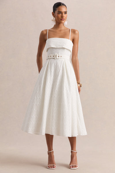 Zoeva | Cream Broderie Square-Neck Belted Midi Dress – Club L