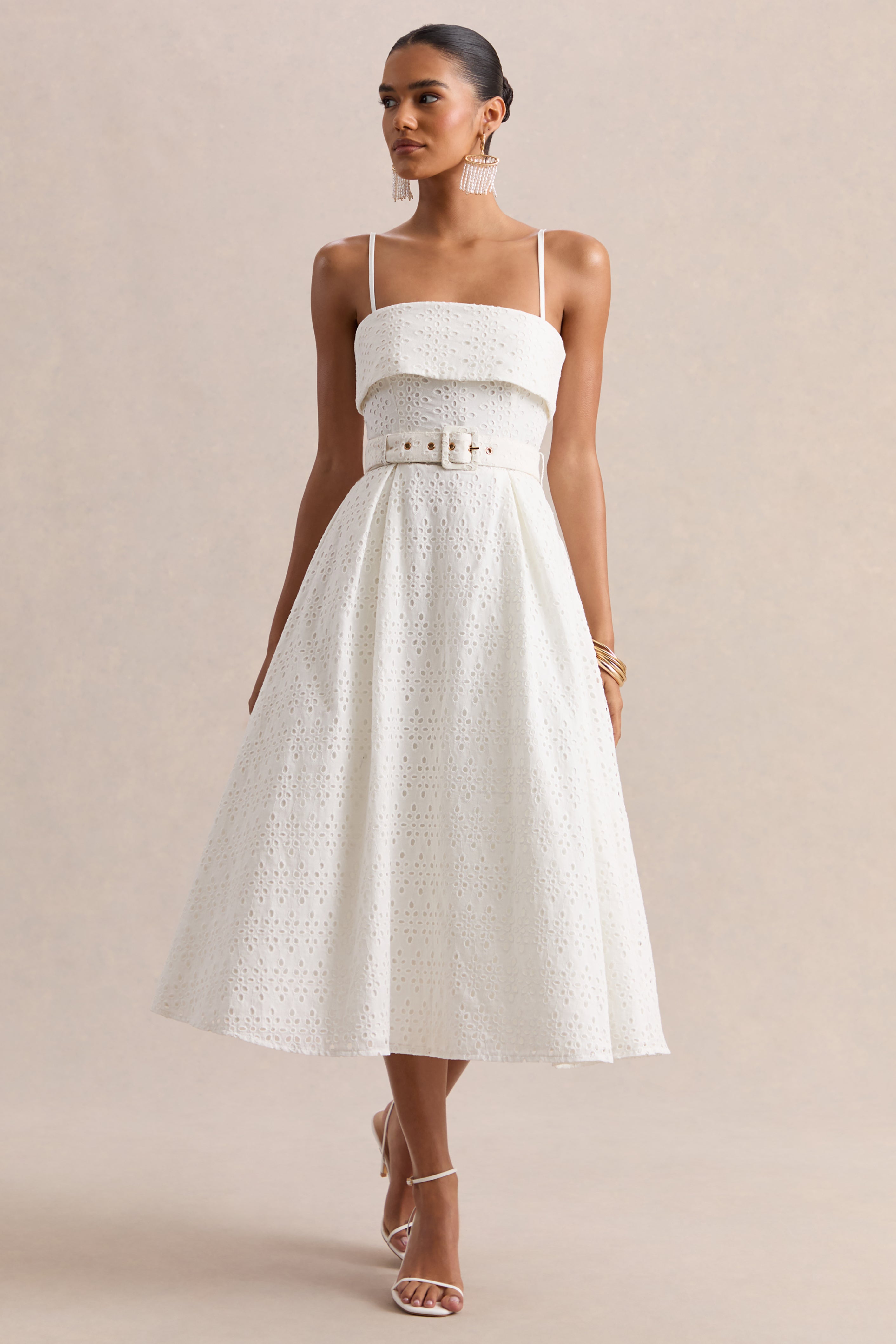 Zoeva | Cream Broderie Square-Neck Belted Midi Dress – Club L