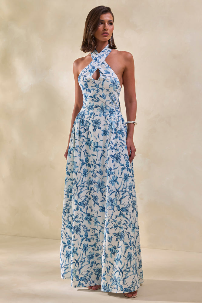Liana | BLUE Porcelain Print Halter-Neck Maxi Dress - UK 12 White AND BLUE Liana | BLUE Porcelain Print Halter-Neck Maxi Dress - UK 12 White AND BLUE