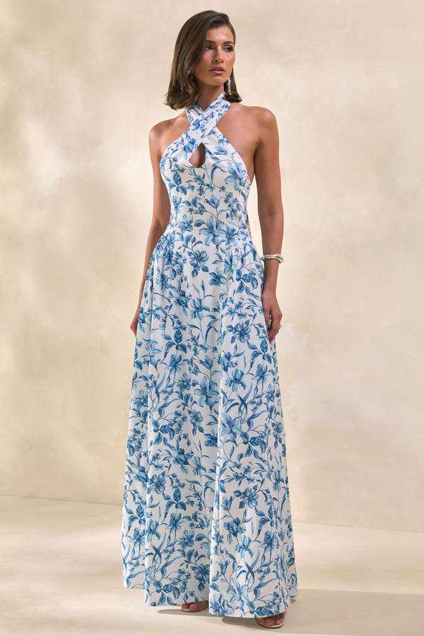 blue and white halter dress Liana | BLUE Porcelain Print Halter-Neck Maxi Dress