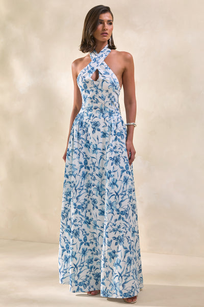 a line halter neck dress Liana | BLUE Porcelain Print Halter-Neck Maxi Dress