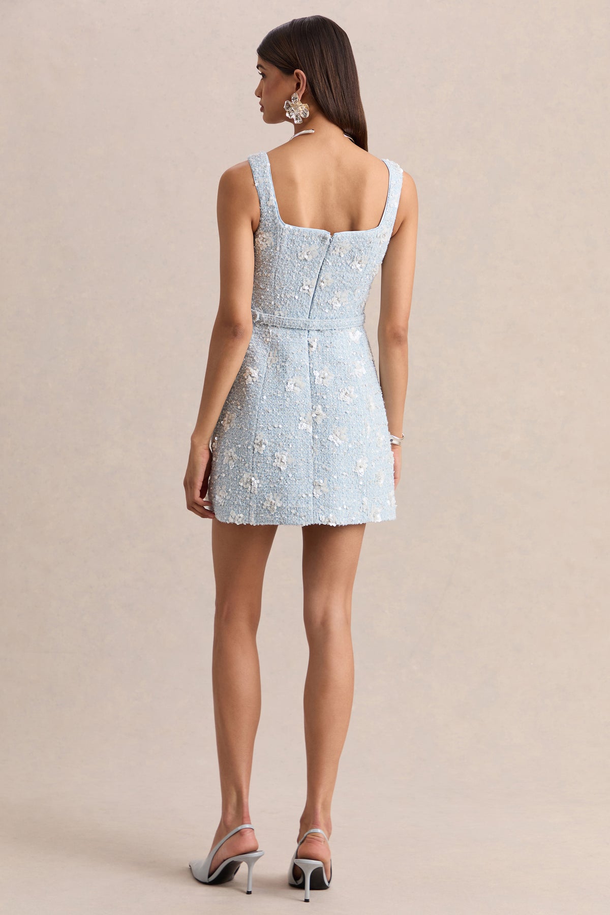 Riya Light Blue Boucle Square-Neck Mini Dress Club L London - USA Riya Light Blue Boucle Square-Neck Mini Dress Club L London - USA