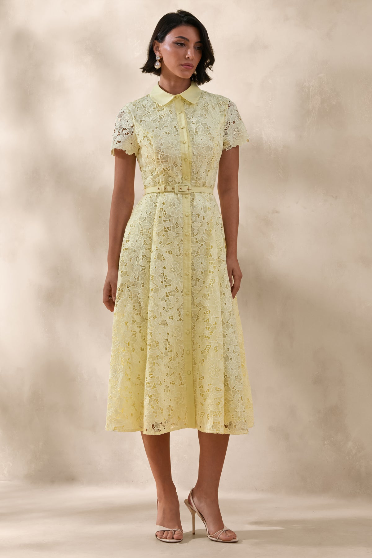 navy blue dress for baby girl Yellow Sleeveless Faille A-Line Midi Dress With Belt main image 1