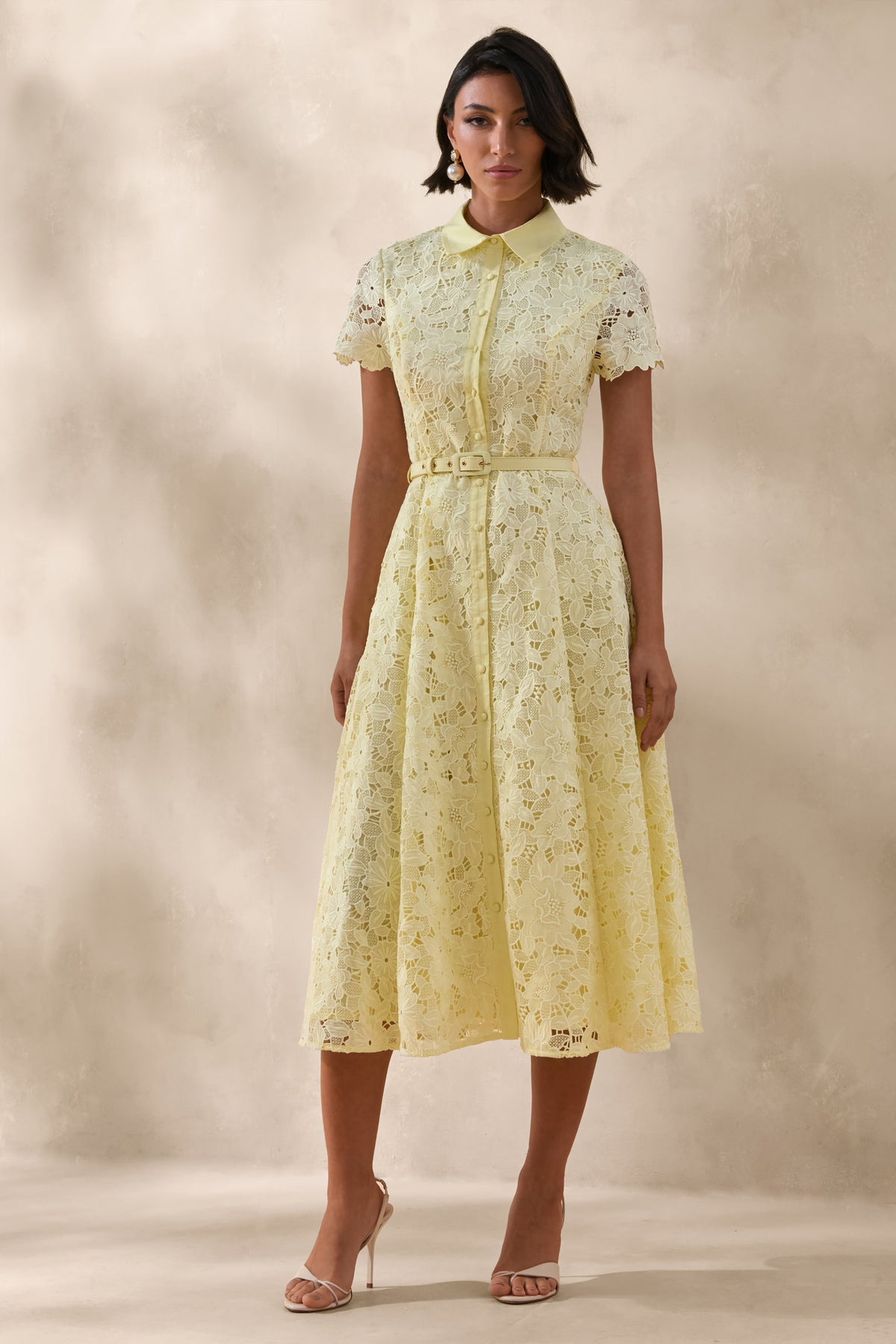 Zalie Yellow Lace High-Neck Belted Midi Dress Club L London - USA Zalie Yellow Lace High-Neck Belted Midi Dress Club L London - USA