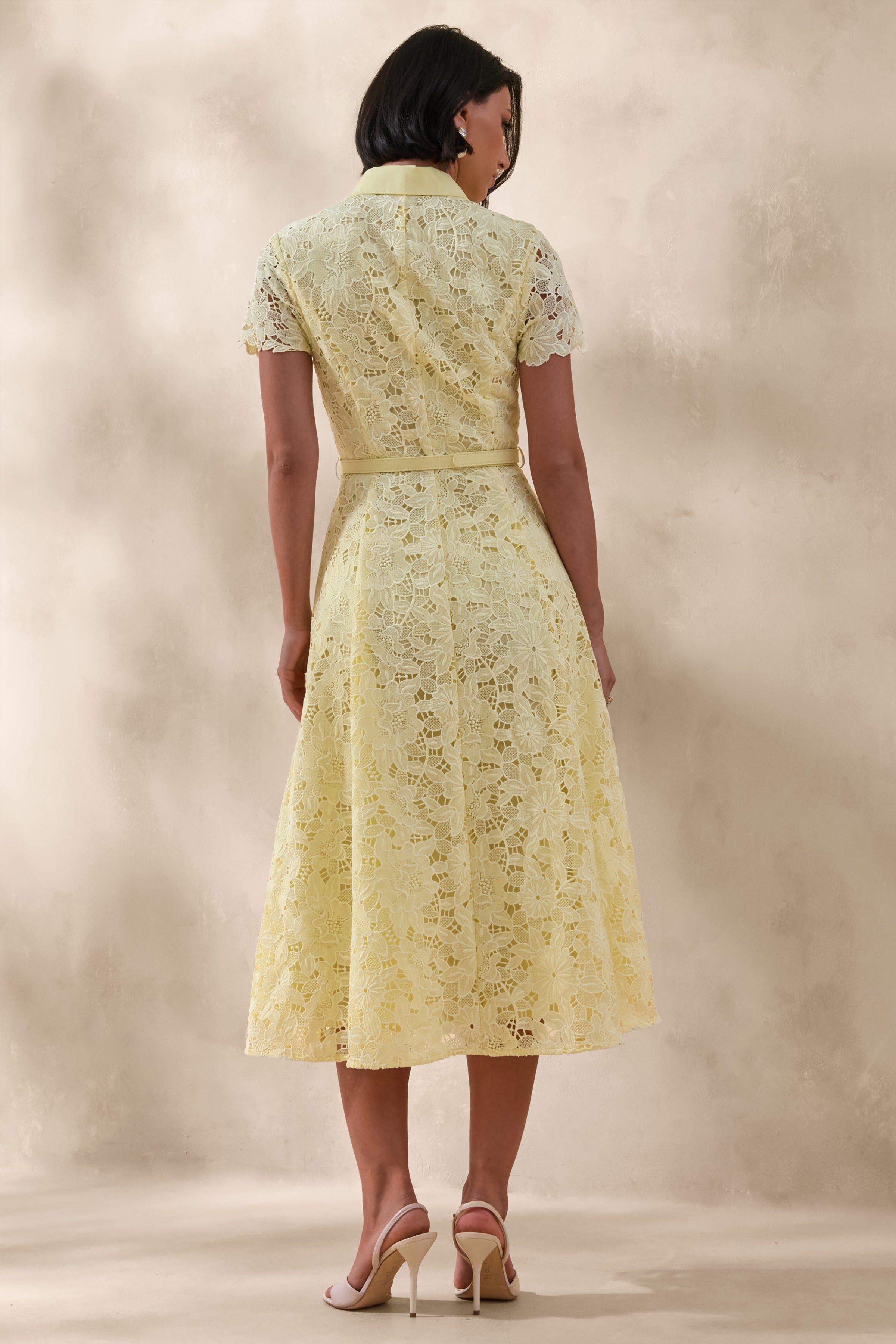 Zalie | Yellow Lace High-Neck Belted Midi Dress – Club L London - USA