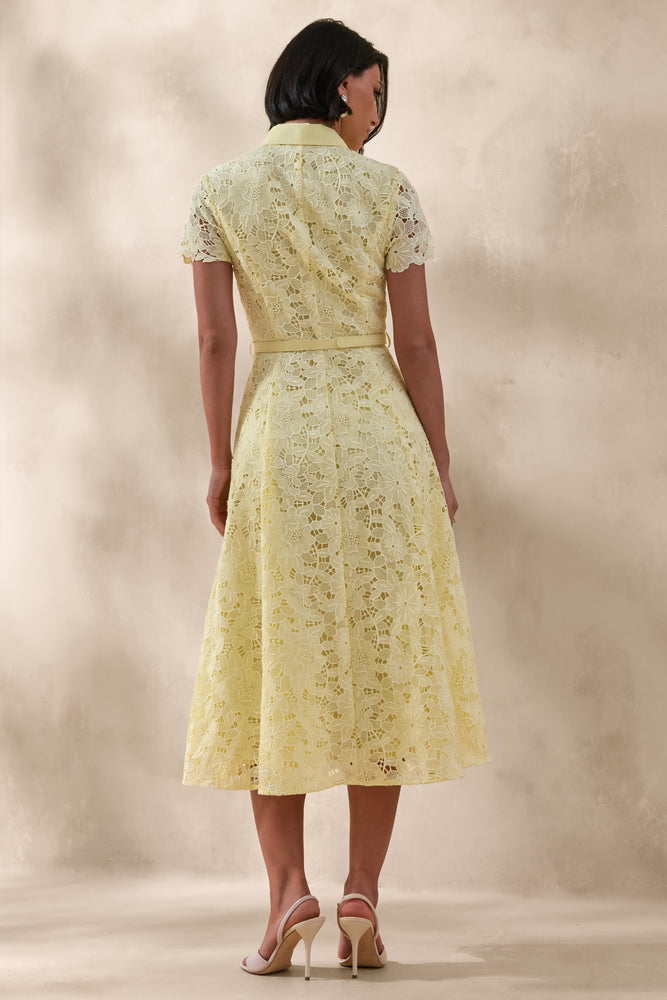 midi dress kuning soft Zalie | Yellow Lace High-Neck Belted Midi Dress