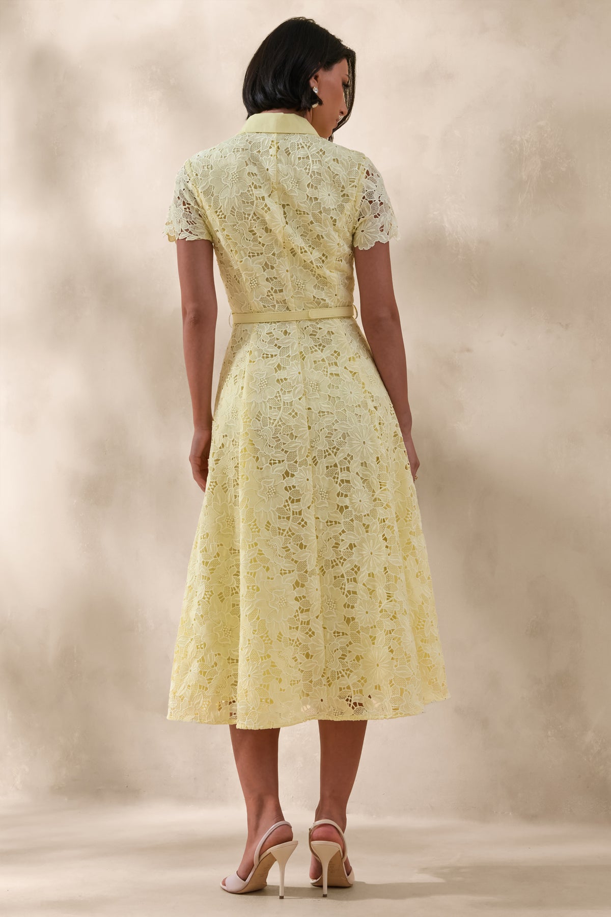 Zalie | Yellow Lace High-Neck Belted Midi Dress