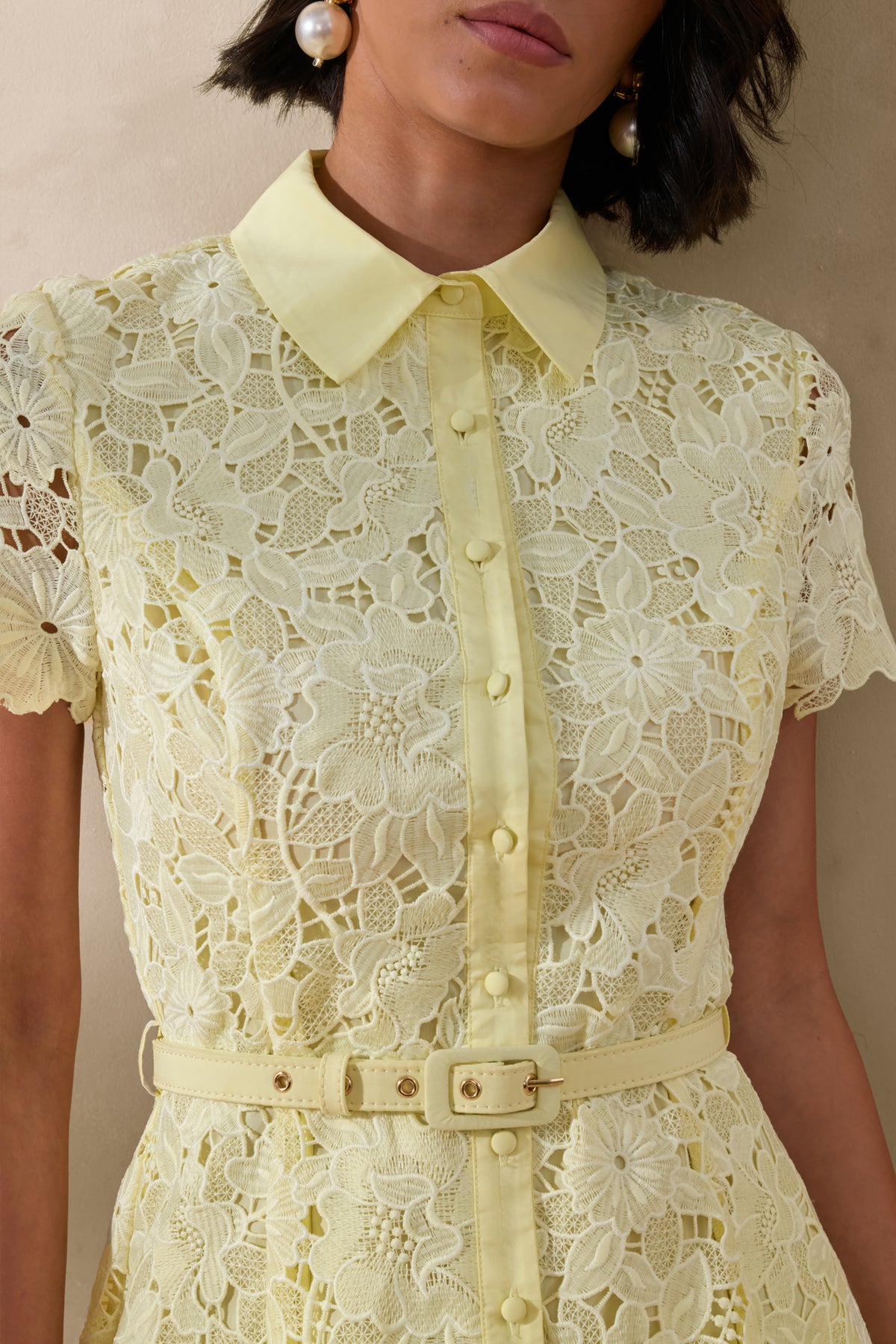 Zalie | Yellow Lace High-Neck Belted Midi Dress - UK 6 LEMON Zalie | Yellow Lace High-Neck Belted Midi Dress - UK 6 LEMON