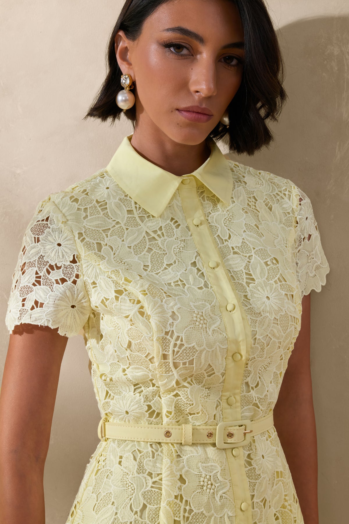 Zalie | Yellow Lace High-Neck Belted Midi Dress - UK 6 LEMON Zalie | Yellow Lace High-Neck Belted Midi Dress - UK 6 LEMON